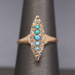 Victorian Turquoise and Rose Cut Diamond Navette Ring in 14k Rose Gold