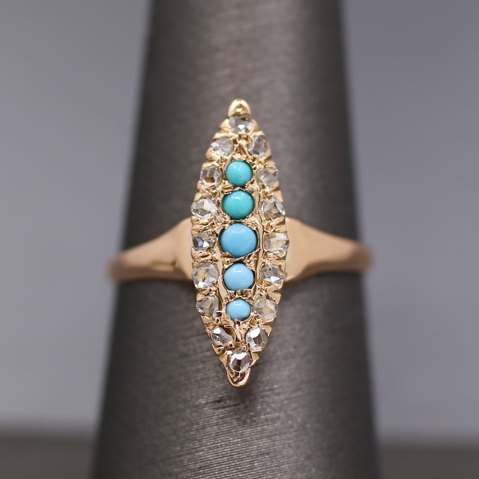 Victorian Turquoise and Rose Cut Diamond Navette Ring in 14k Rose Gold