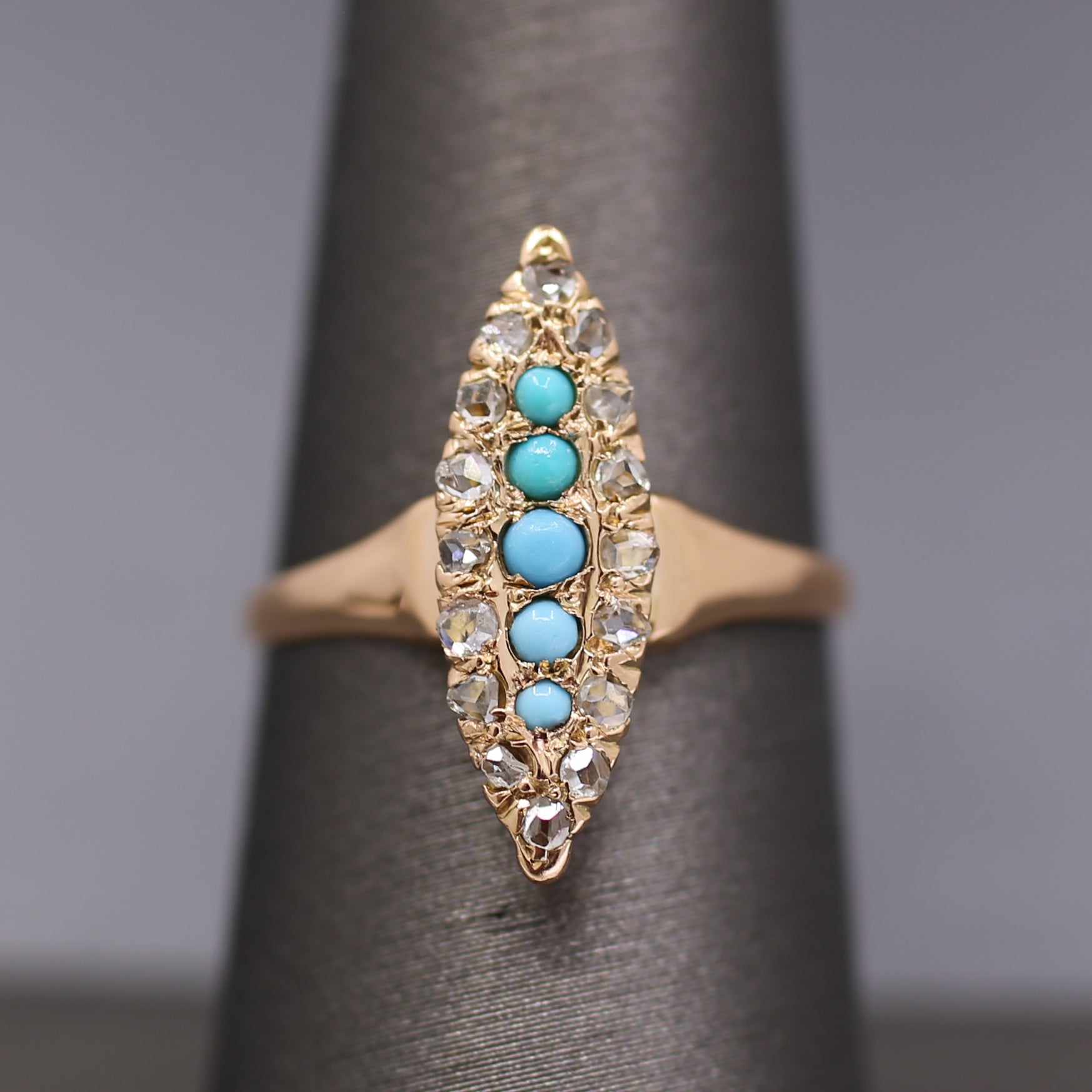 Victorian Turquoise and Rose Cut Diamond Navette Ring in 14k Rose Gold