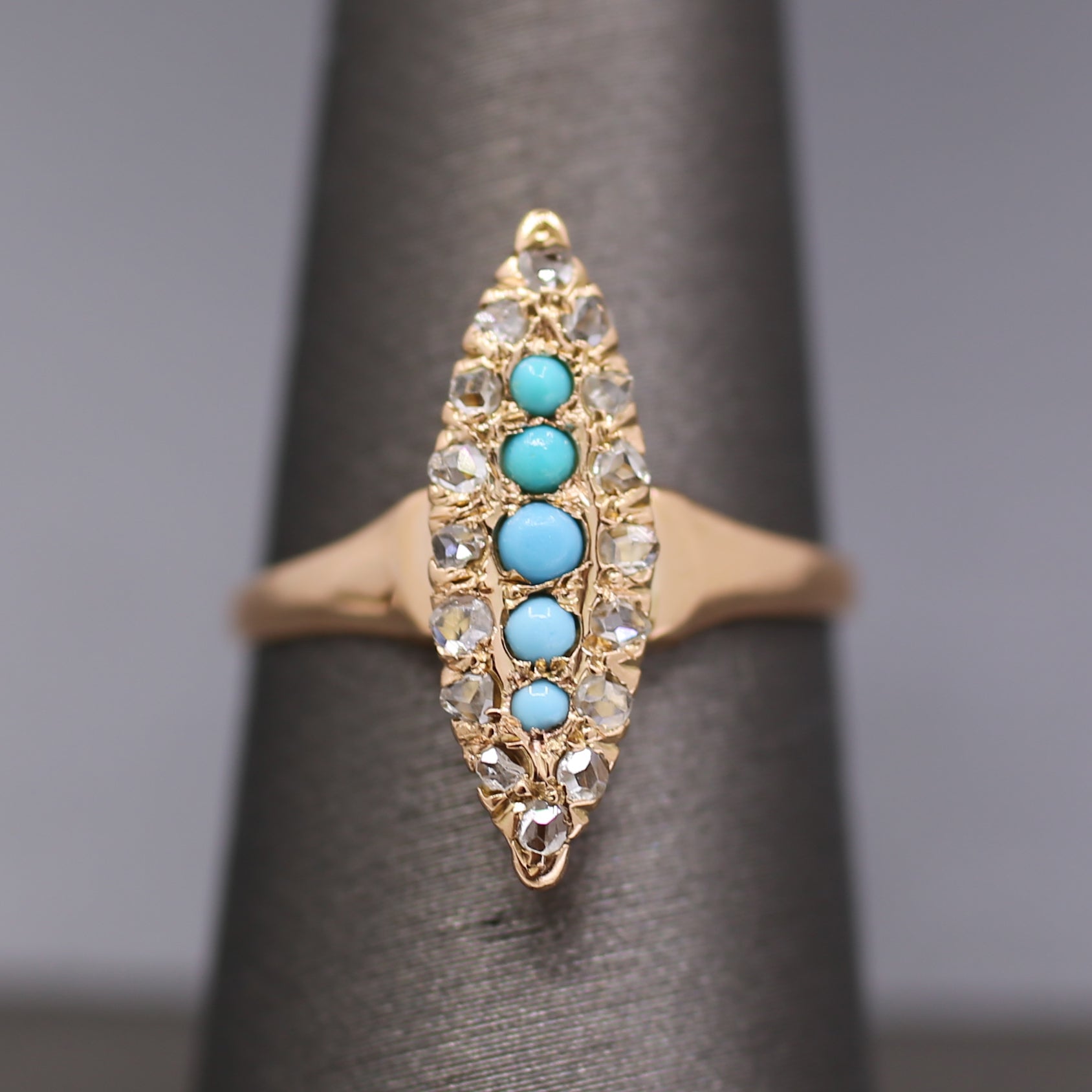 Victorian Turquoise and Rose Cut Diamond Navette Ring in 14k Rose Gold