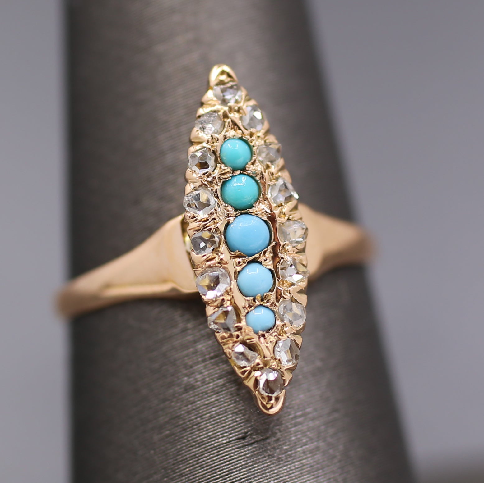 Victorian Turquoise and Rose Cut Diamond Navette Ring in 14k Rose Gold