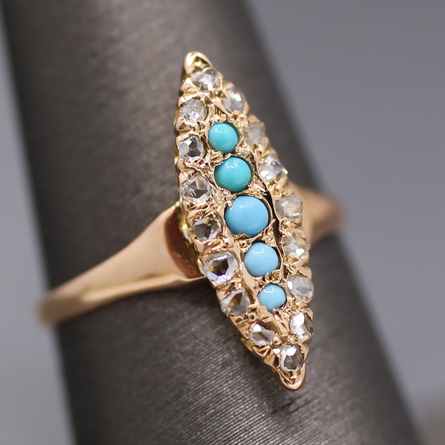 Victorian Turquoise and Rose Cut Diamond Navette Ring in 14k Rose Gold