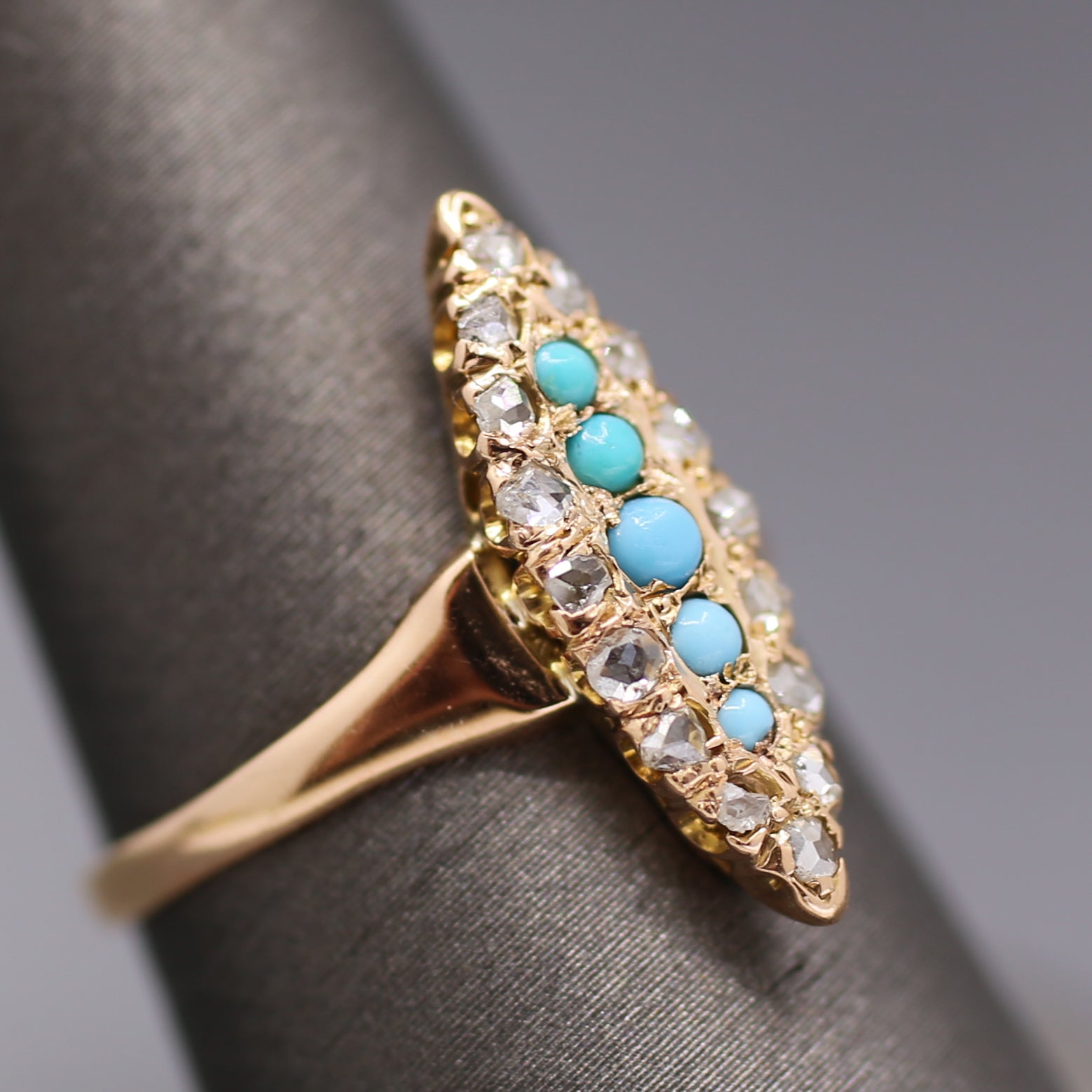 Victorian Turquoise and Rose Cut Diamond Navette Ring in 14k Rose Gold