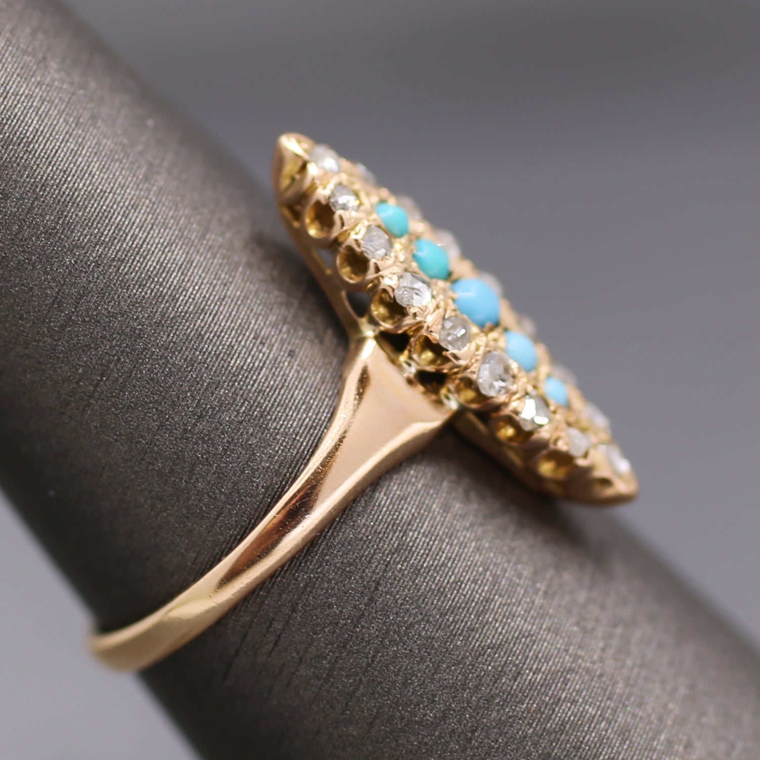 Victorian Turquoise and Rose Cut Diamond Navette Ring in 14k Rose Gold