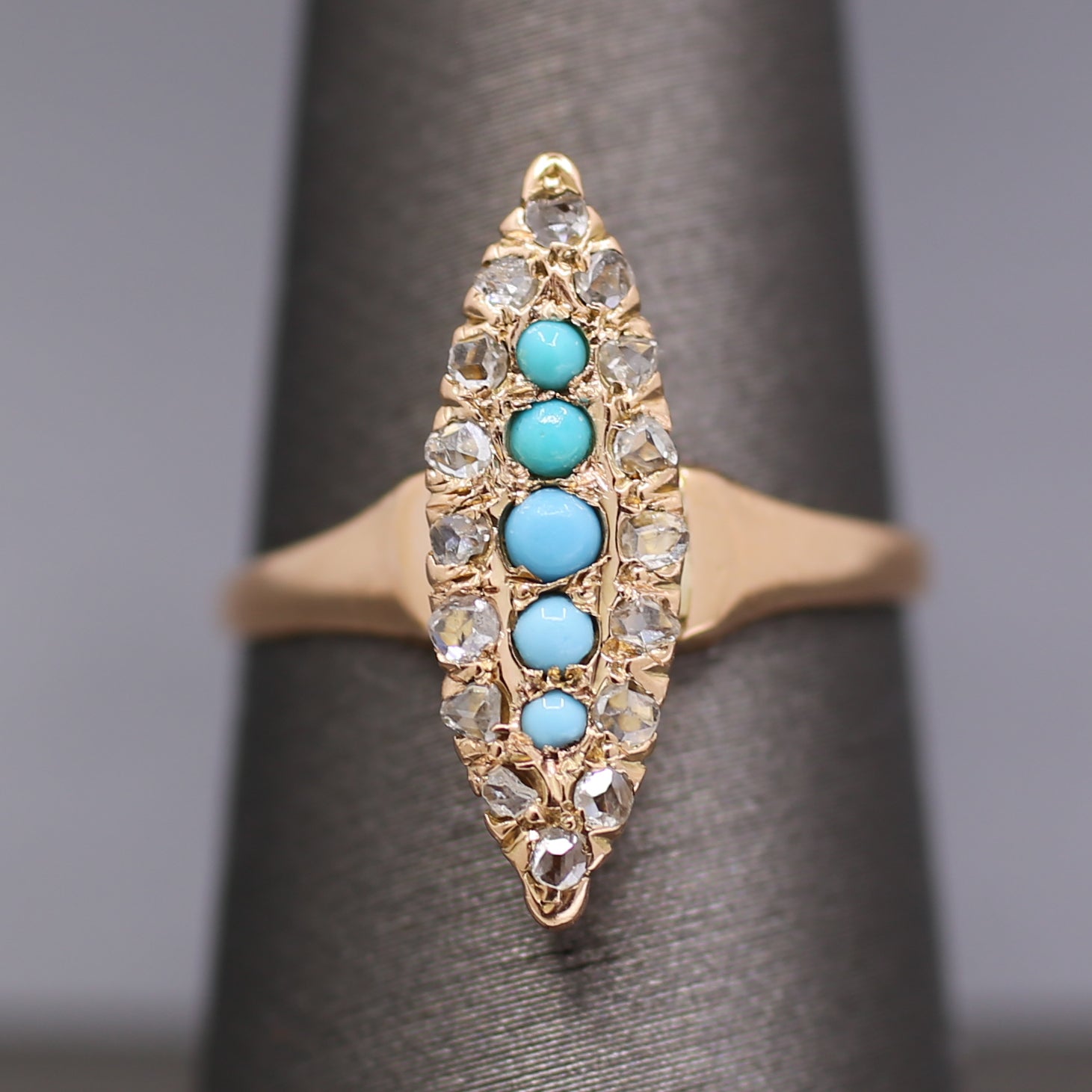 Victorian Turquoise and Rose Cut Diamond Navette Ring in 14k Rose Gold