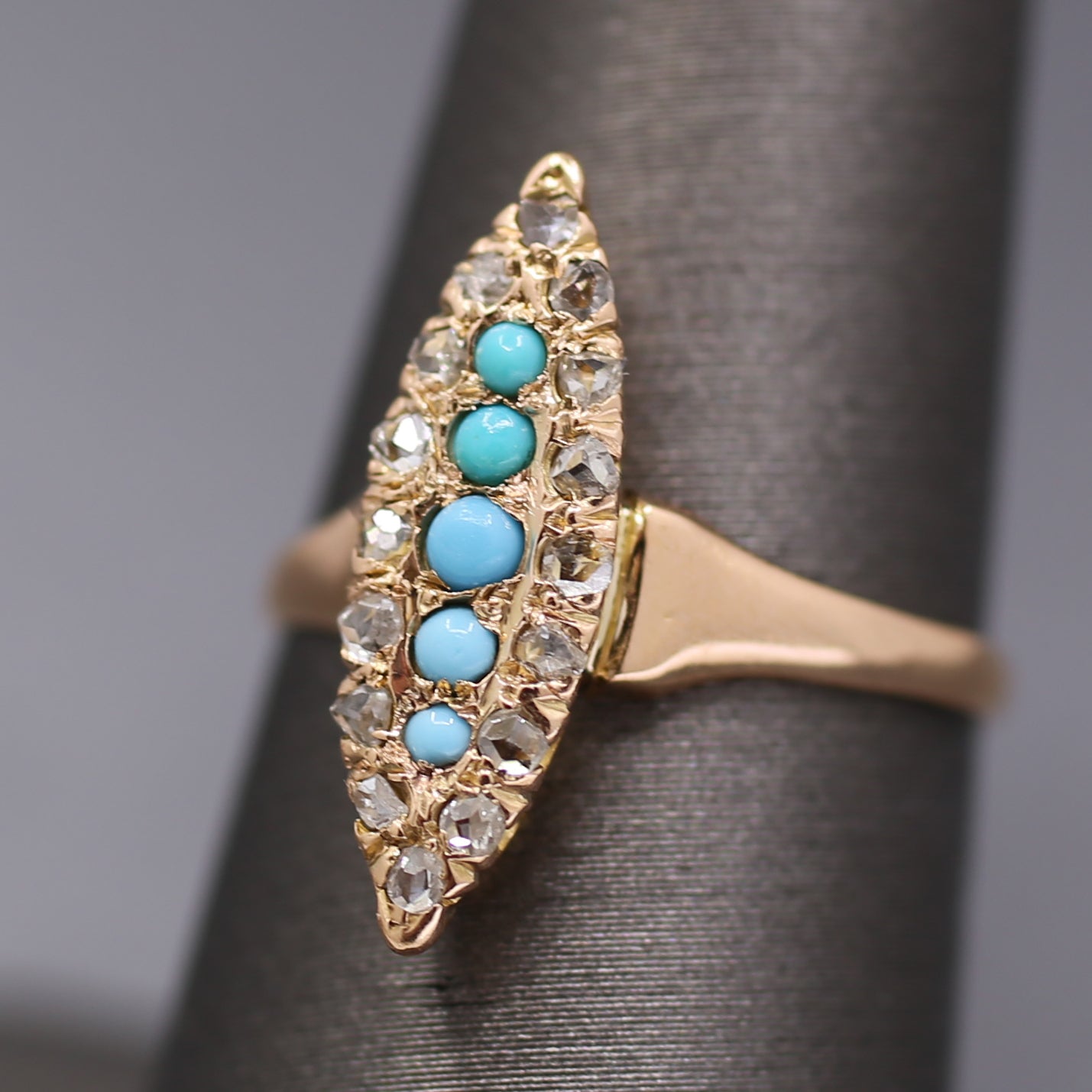 Victorian Turquoise and Rose Cut Diamond Navette Ring in 14k Rose Gold