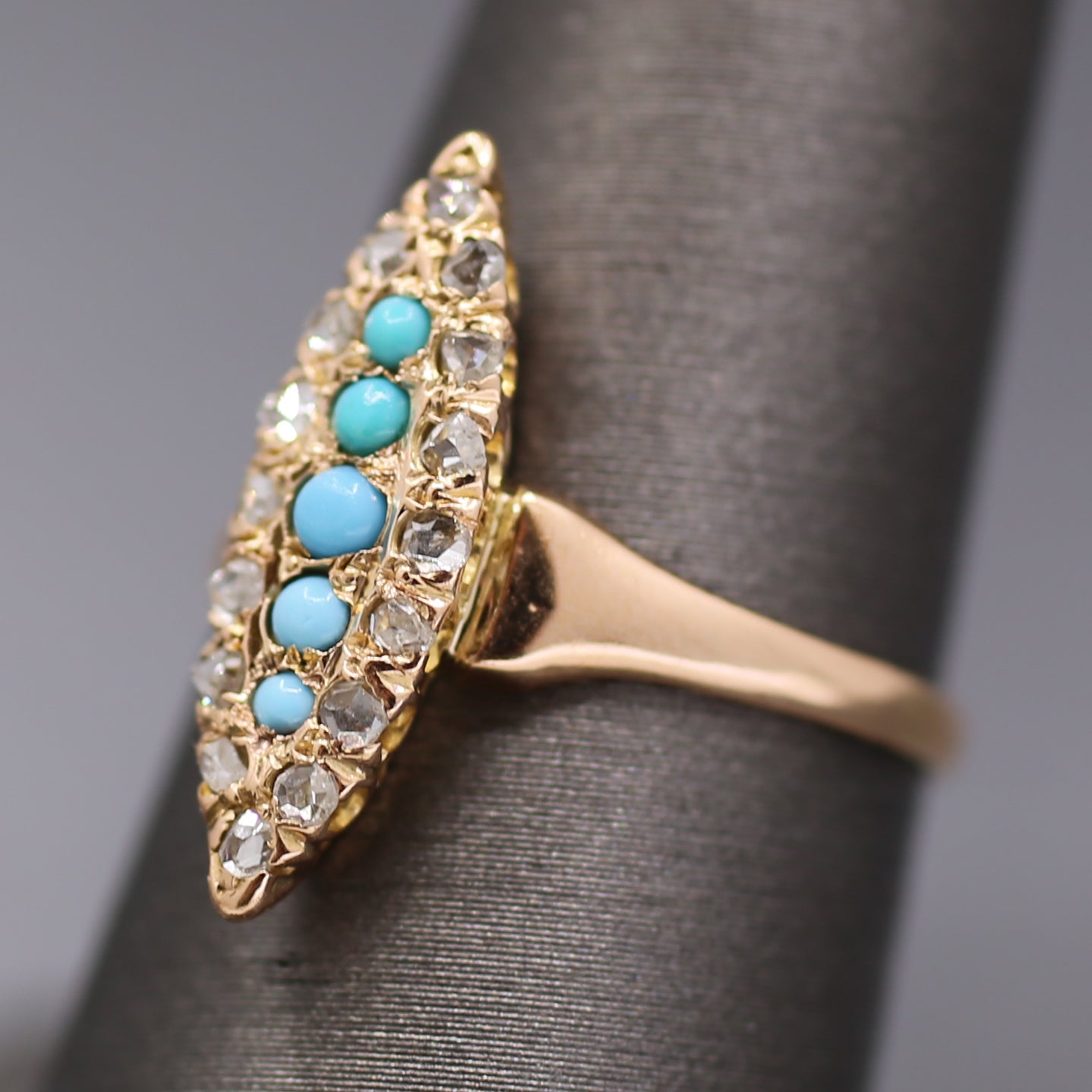 Victorian Turquoise and Rose Cut Diamond Navette Ring in 14k Rose Gold
