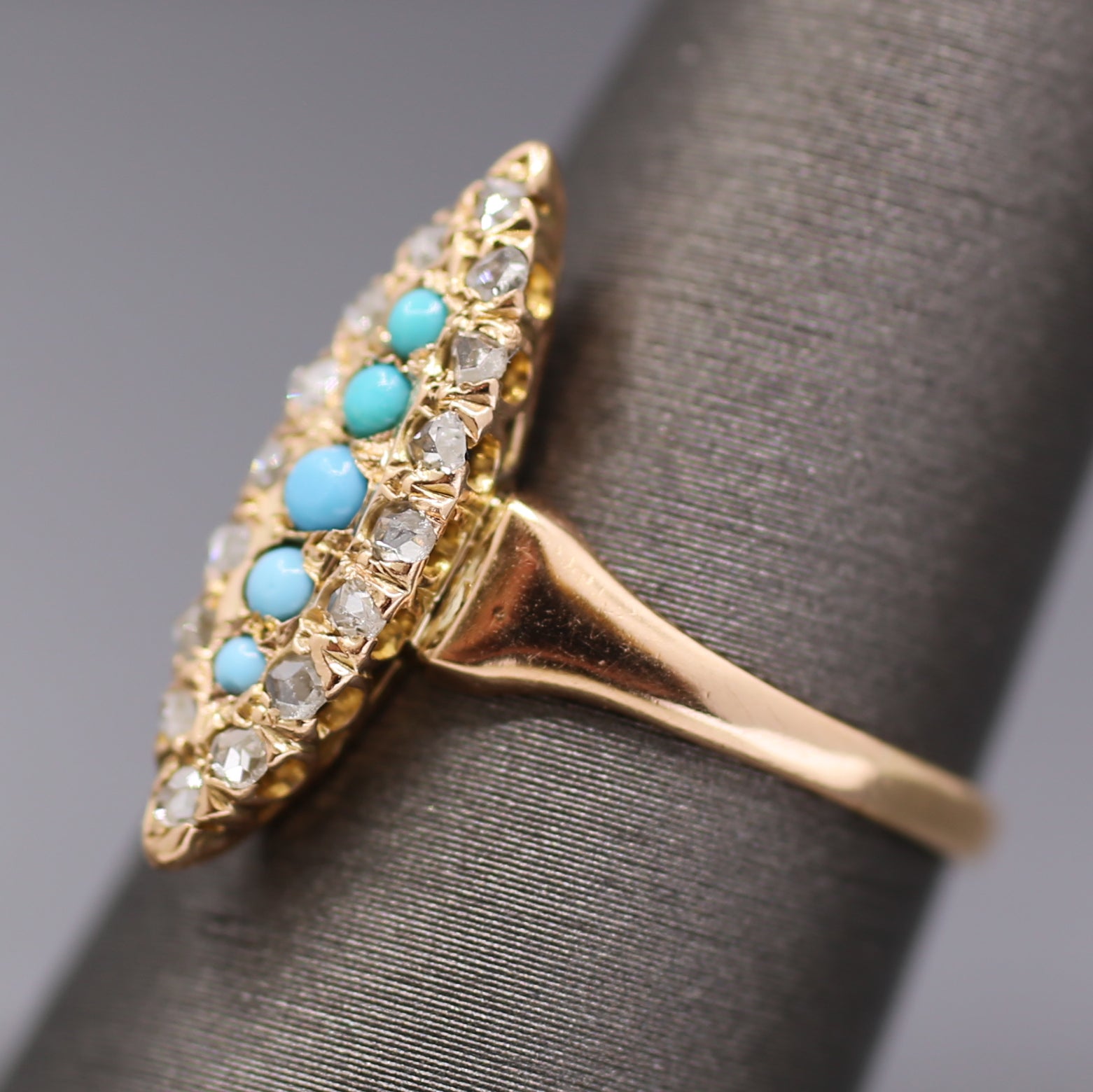 Victorian Turquoise and Rose Cut Diamond Navette Ring in 14k Rose Gold