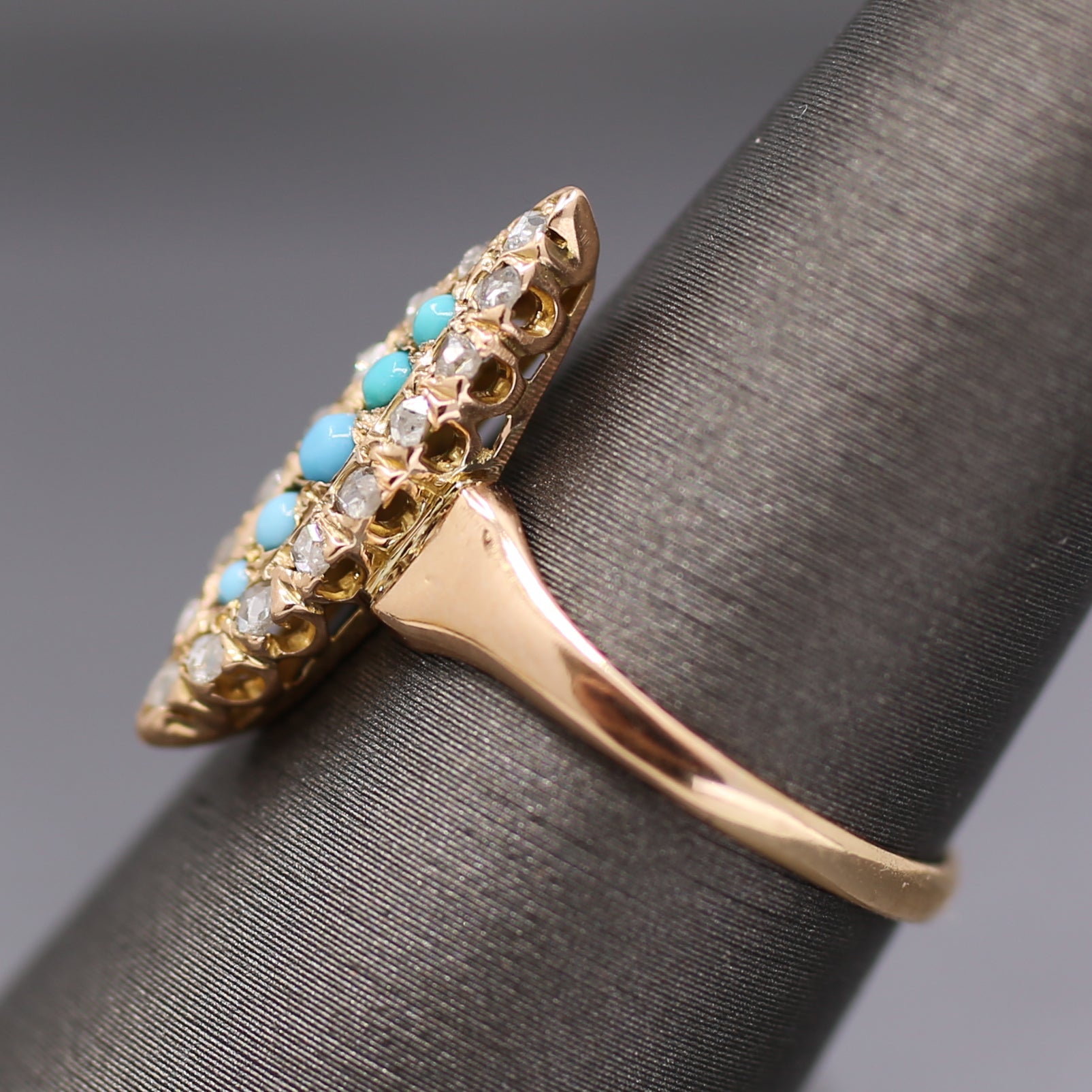 Victorian Turquoise and Rose Cut Diamond Navette Ring in 14k Rose Gold