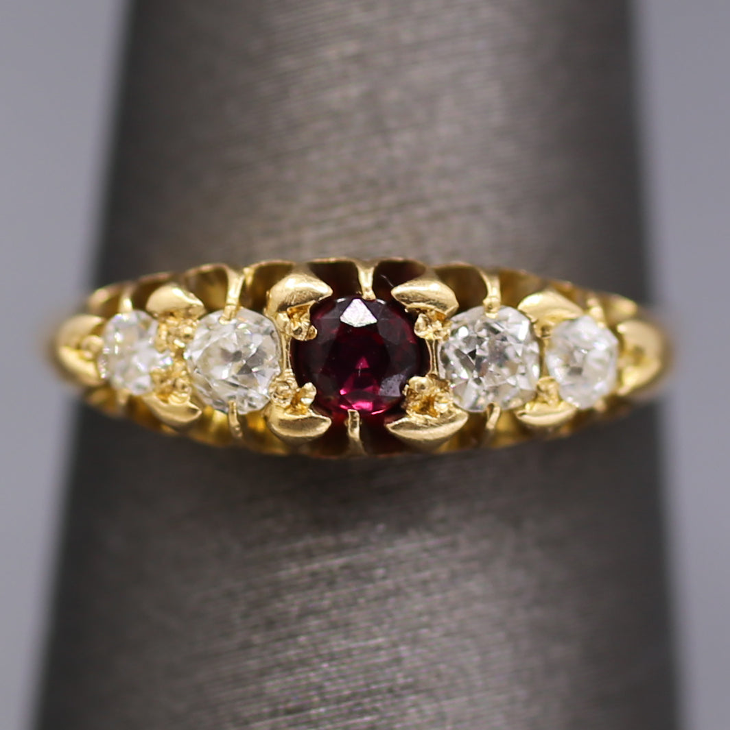 Victorian Ruby and Old Mine Cut Diamond Band Ring in 18k Yellow Gold