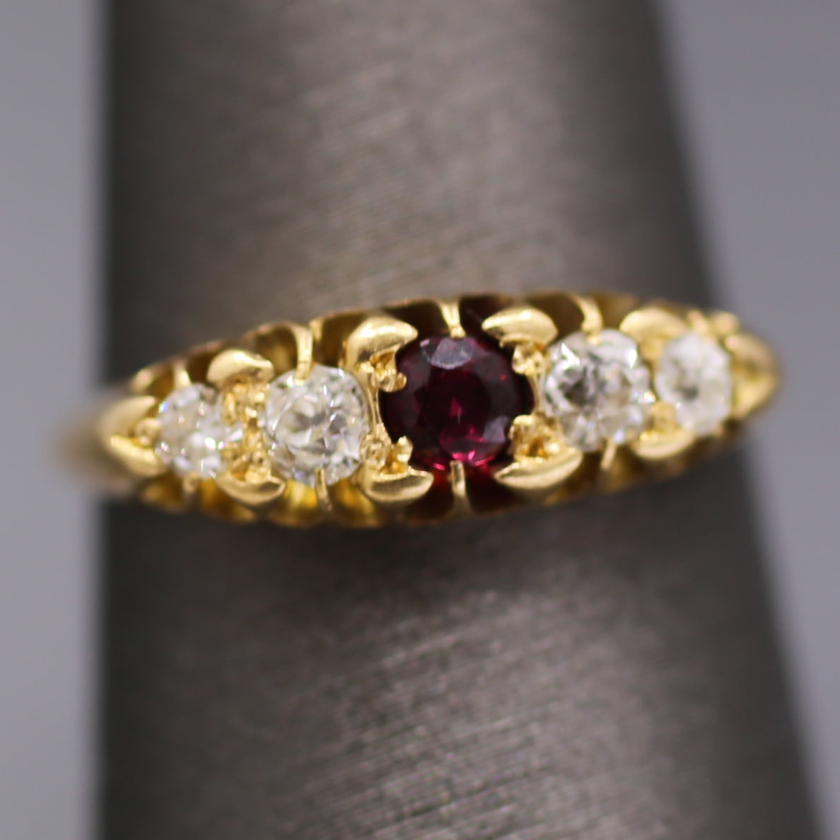 Victorian Ruby and Old Mine Cut Diamond Band Ring in 18k Yellow Gold