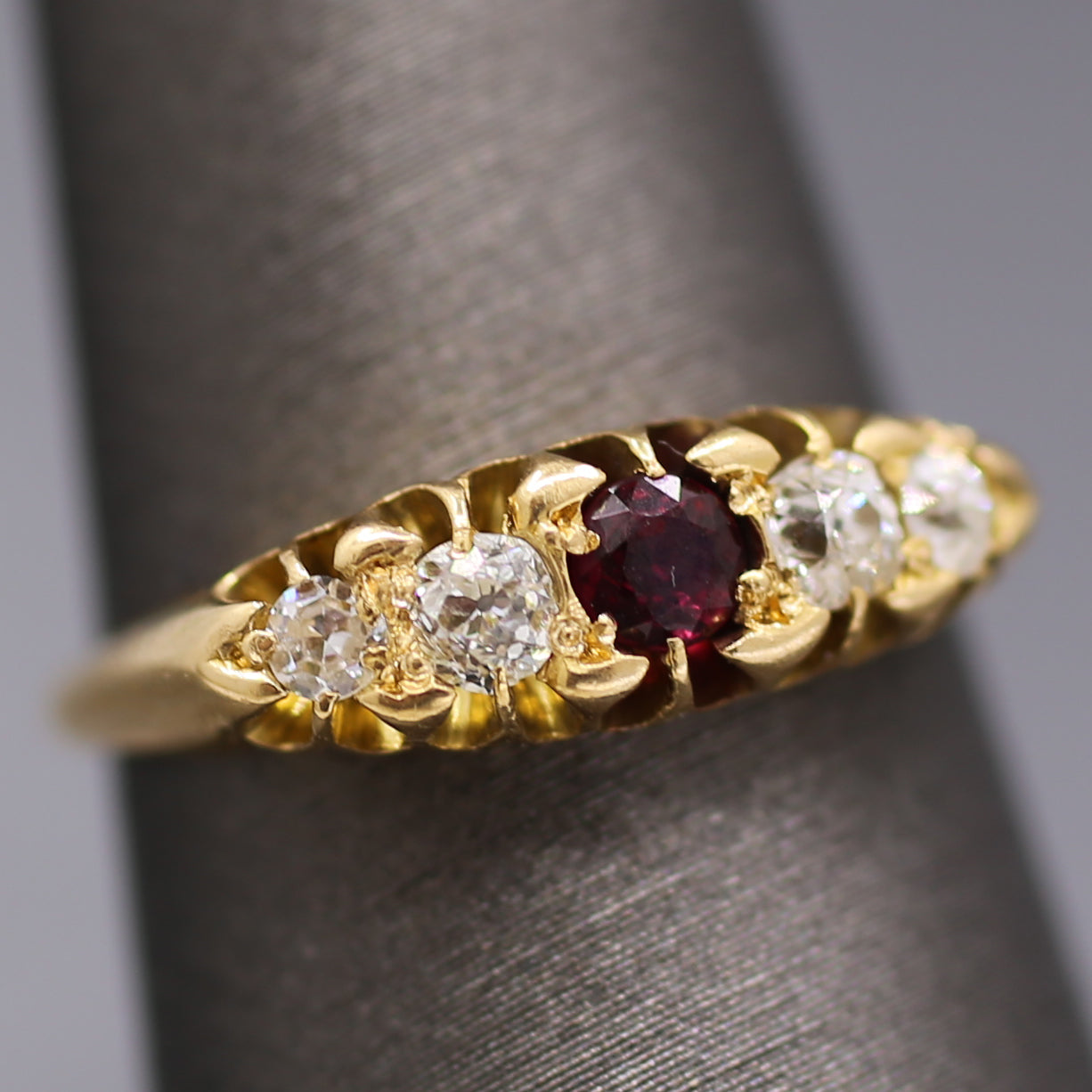 Victorian Ruby and Old Mine Cut Diamond Band Ring in 18k Yellow Gold