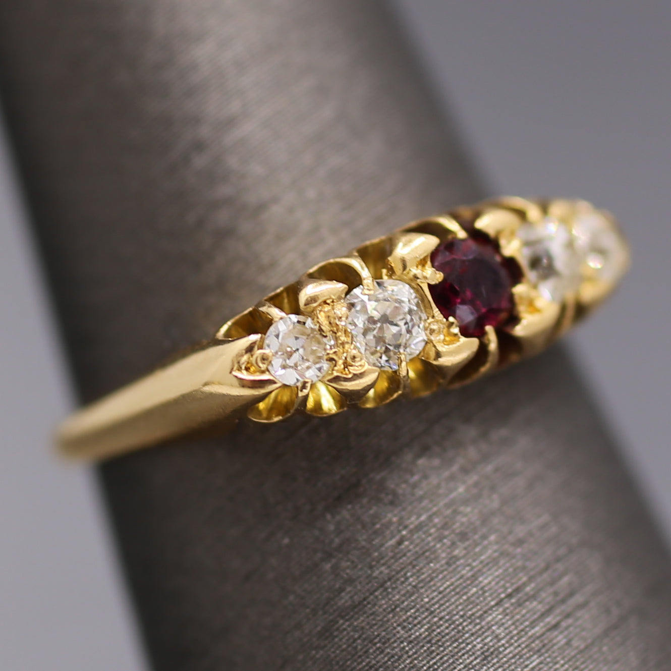 Victorian Ruby and Old Mine Cut Diamond Band Ring in 18k Yellow Gold