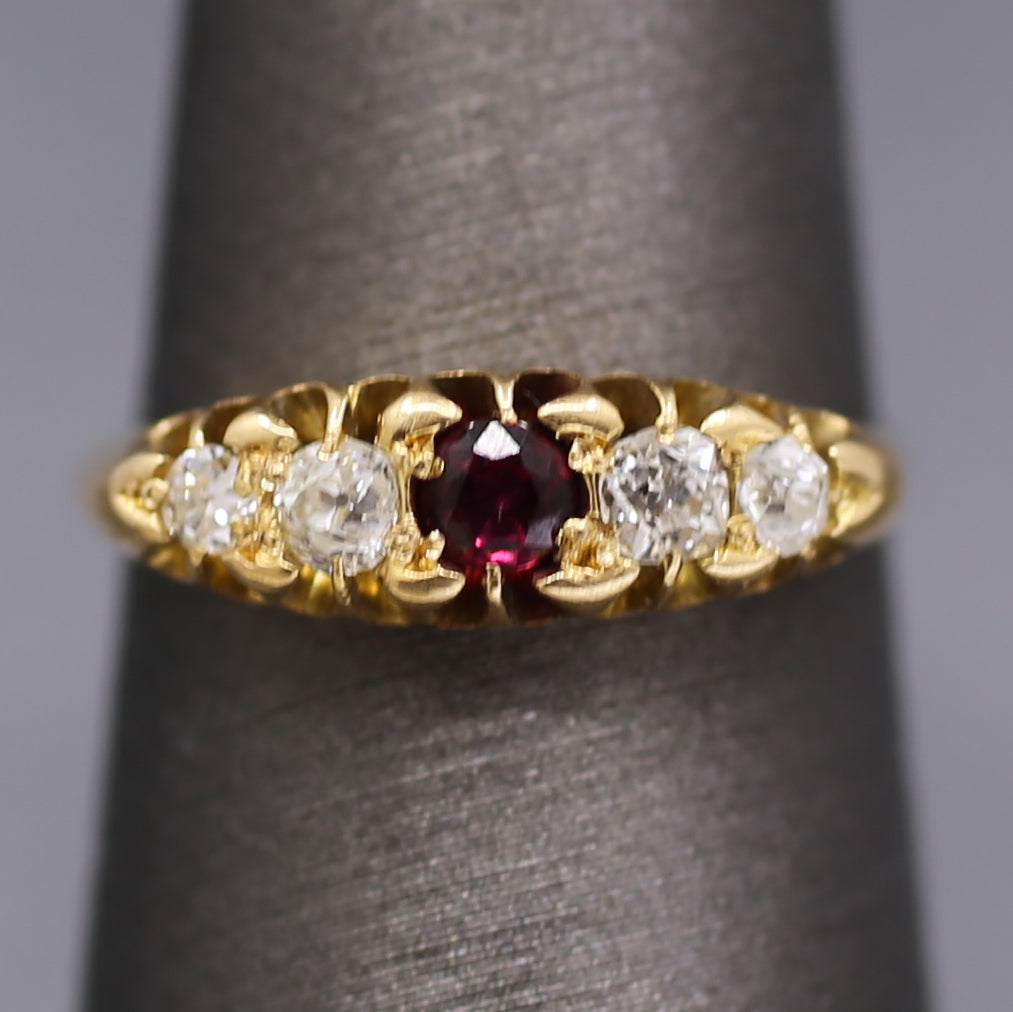 Victorian Ruby and Old Mine Cut Diamond Band Ring in 18k Yellow Gold