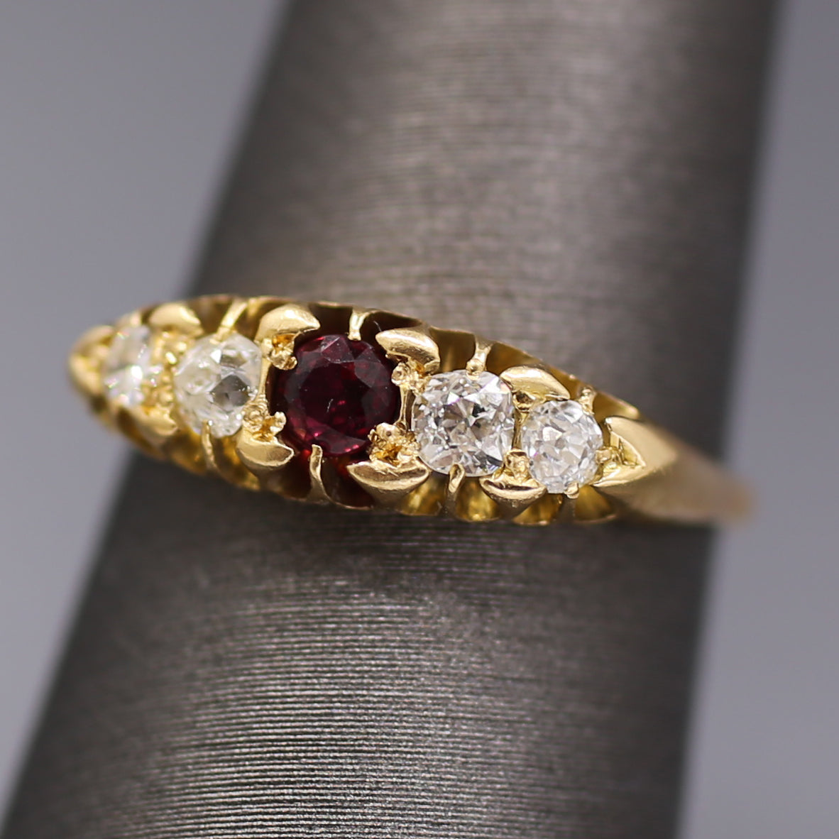 Victorian Ruby and Old Mine Cut Diamond Band Ring in 18k Yellow Gold