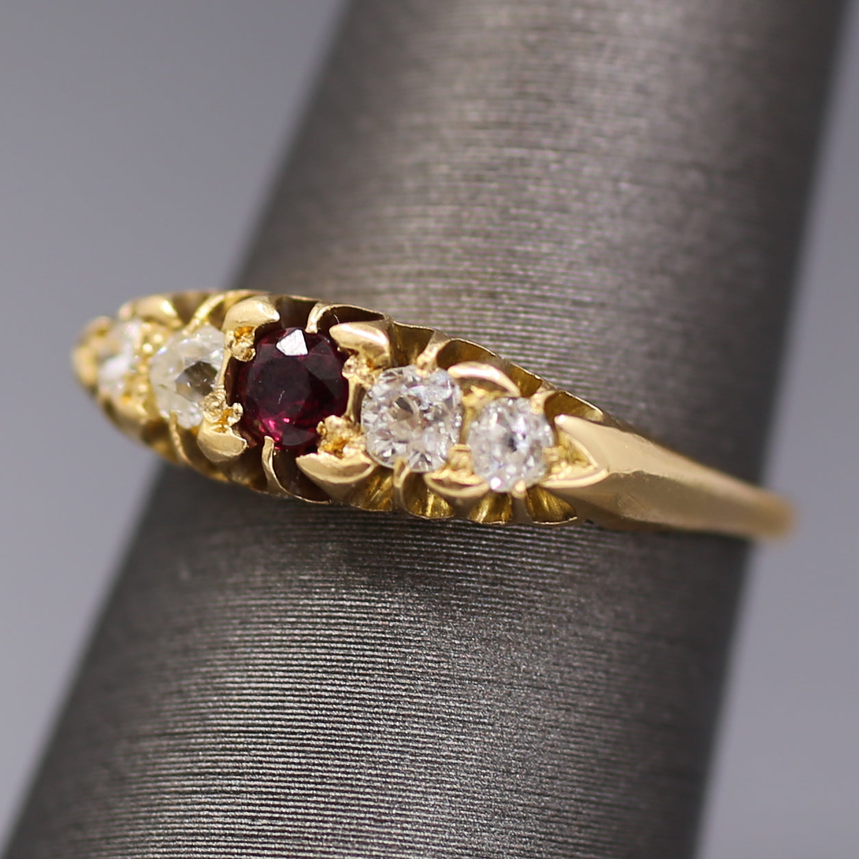 Victorian Ruby and Old Mine Cut Diamond Band Ring in 18k Yellow Gold
