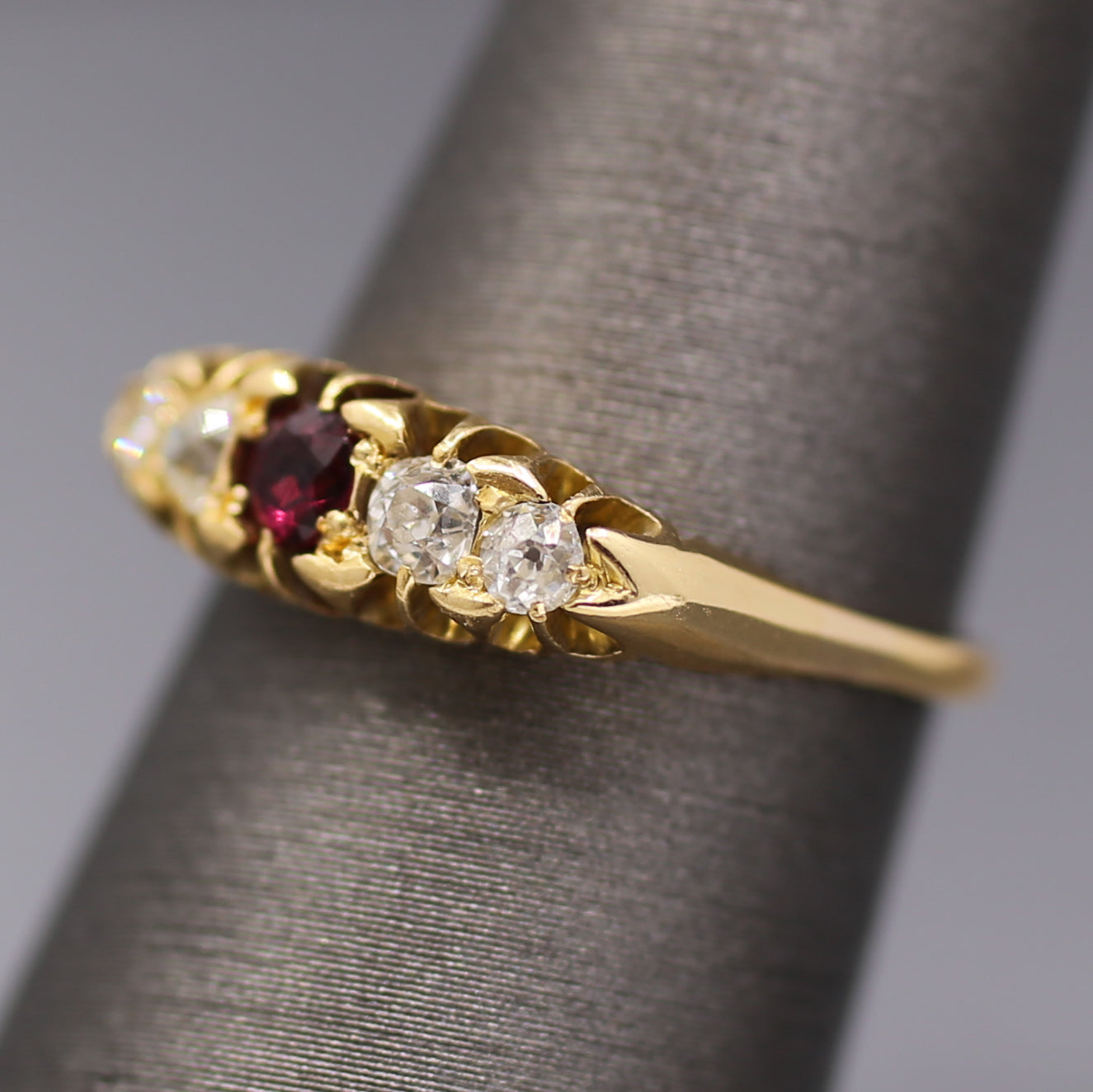 Victorian Ruby and Old Mine Cut Diamond Band Ring in 18k Yellow Gold