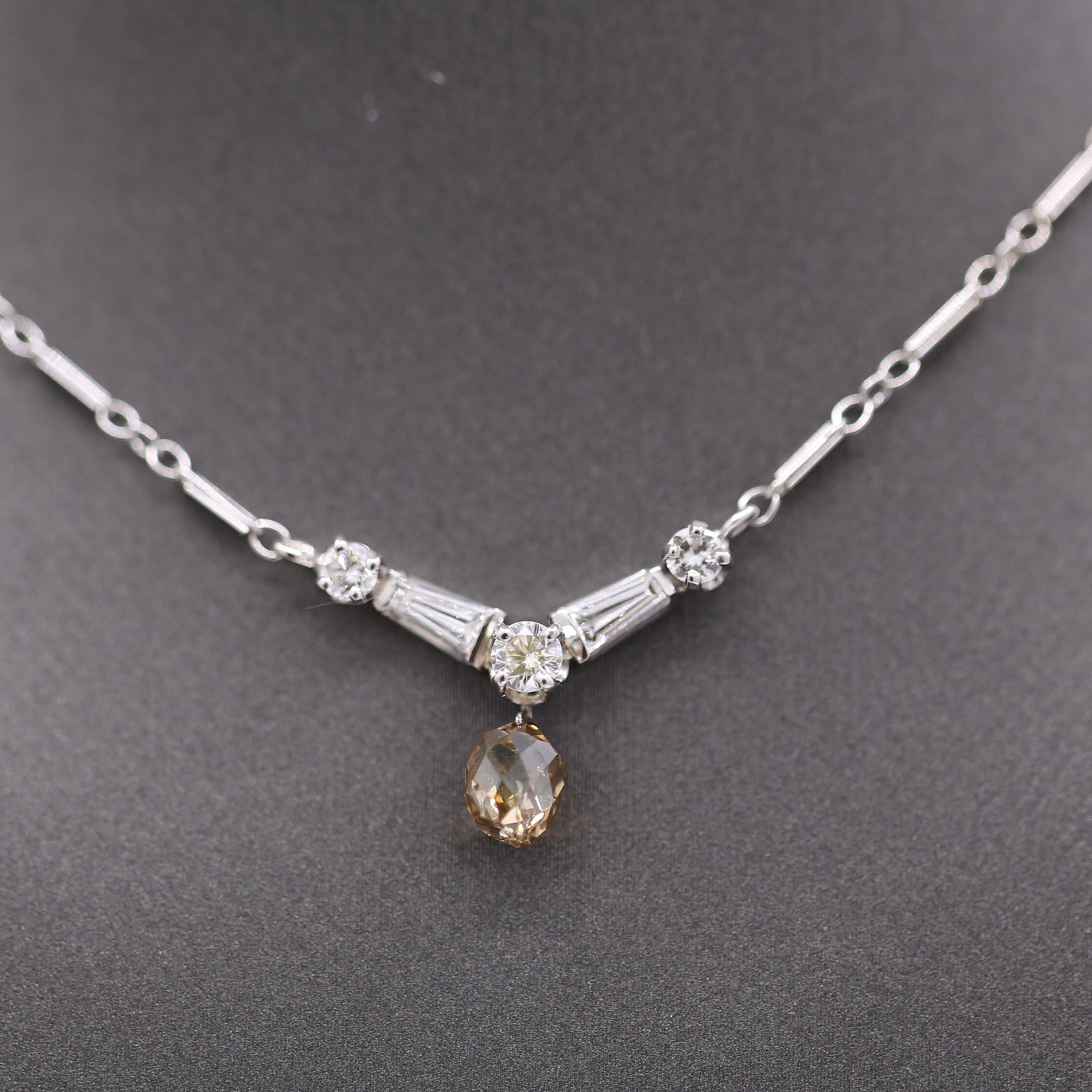 Vintage Champagne Diamond Briolette Drop Necklace in 14k White Gold 15"