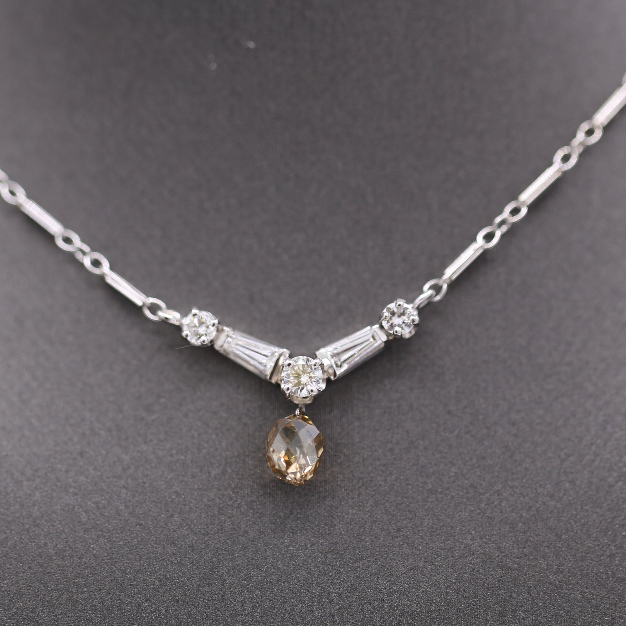 Vintage Champagne Diamond Briolette Drop Necklace in 14k White Gold 15"
