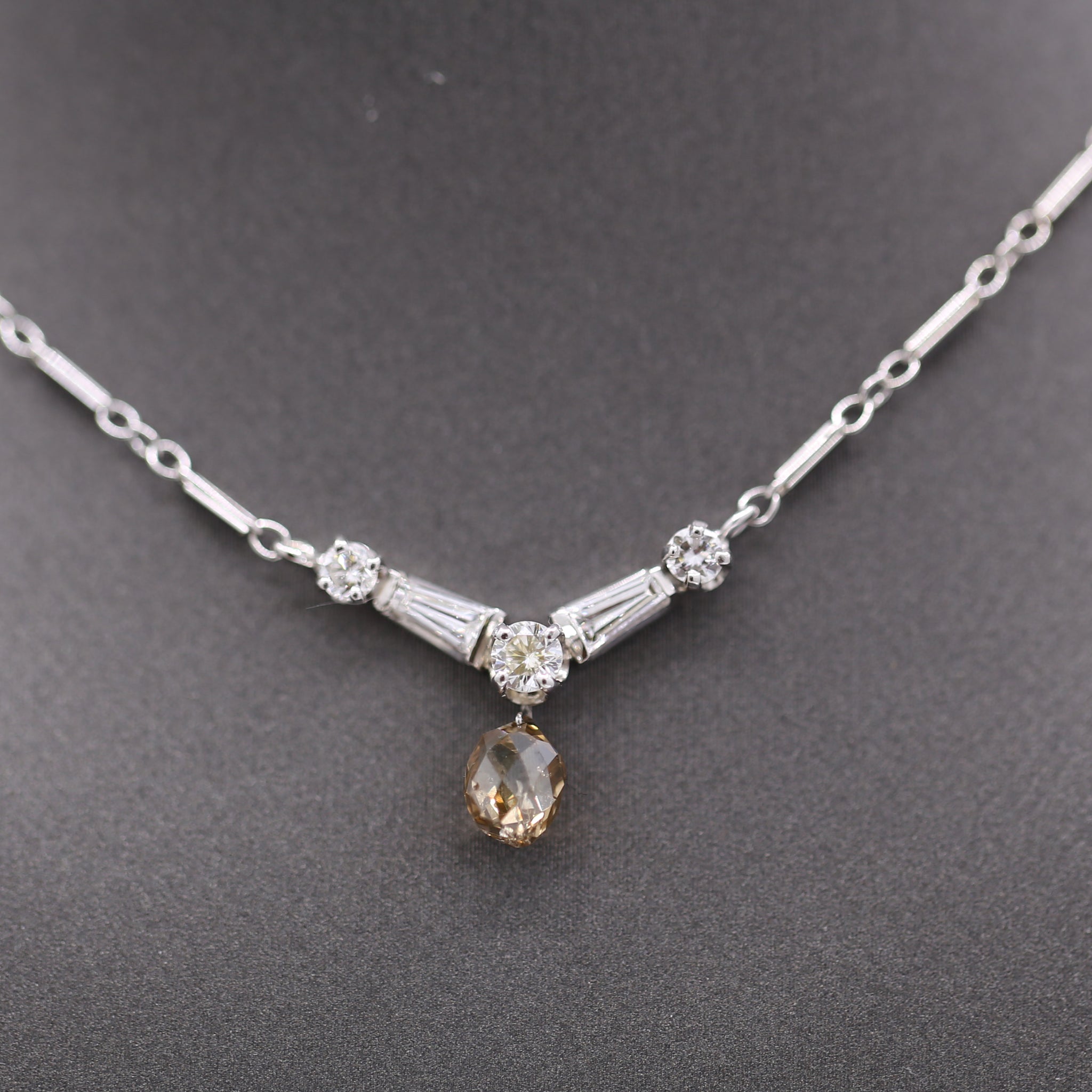 Vintage Champagne Diamond Briolette Drop Necklace in 14k White Gold 15"
