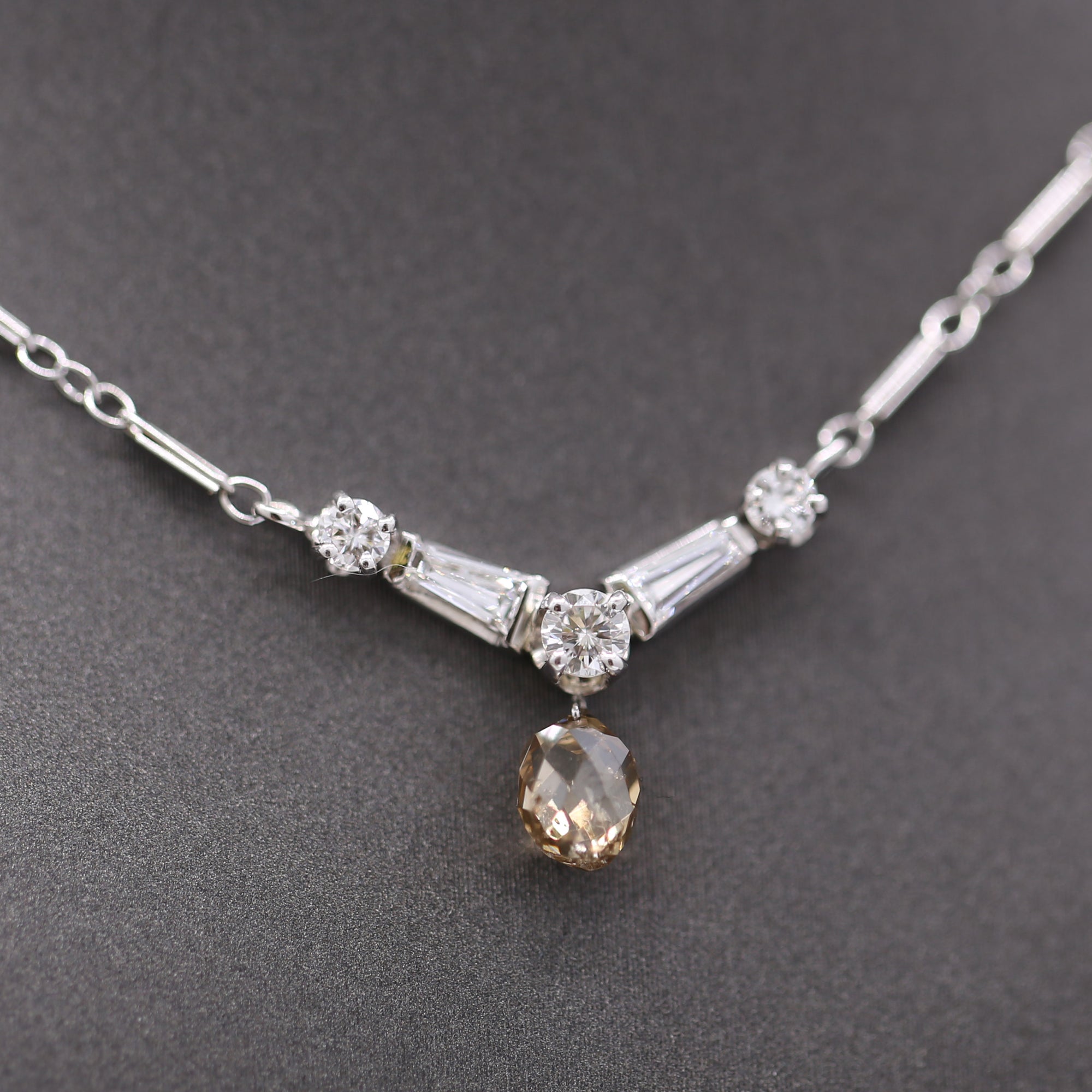 Vintage Champagne Diamond Briolette Drop Necklace in 14k White Gold 15"