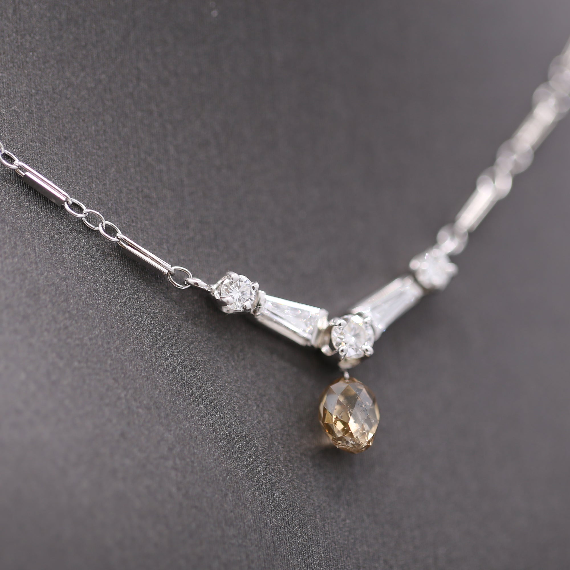 Vintage Champagne Diamond Briolette Drop Necklace in 14k White Gold 15"