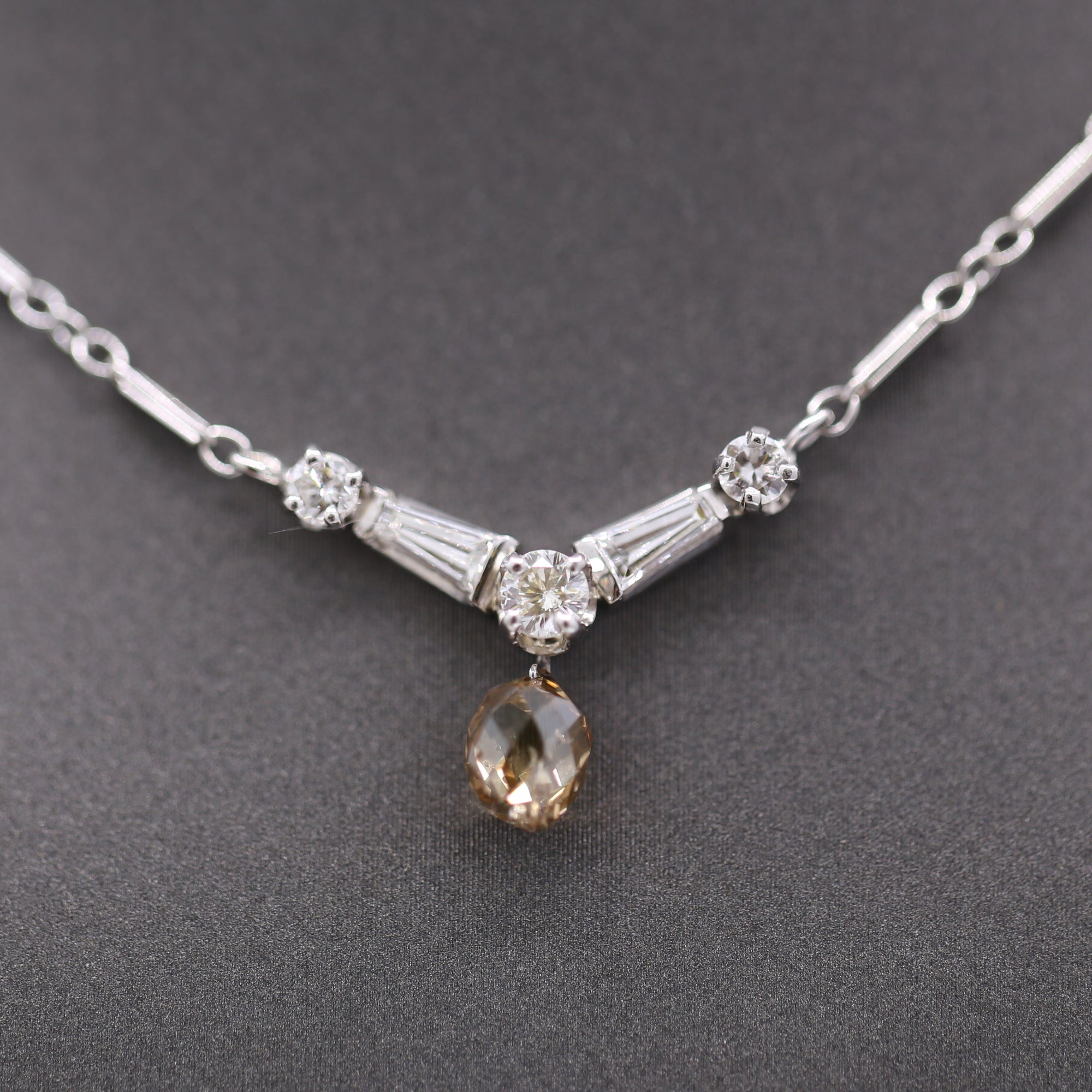 Vintage Champagne Diamond Briolette Drop Necklace in 14k White Gold 15"