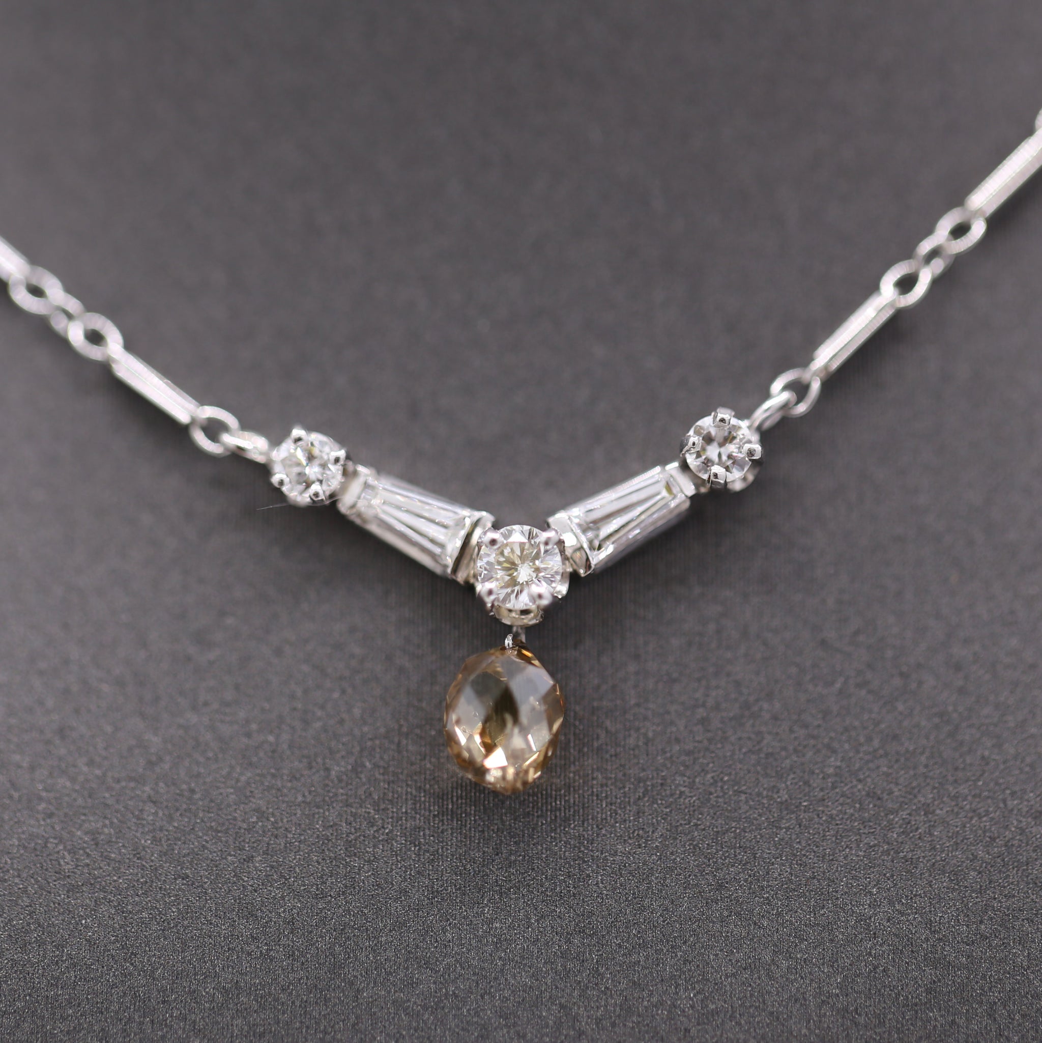 Vintage Champagne Diamond Briolette Drop Necklace in 14k White Gold 15"