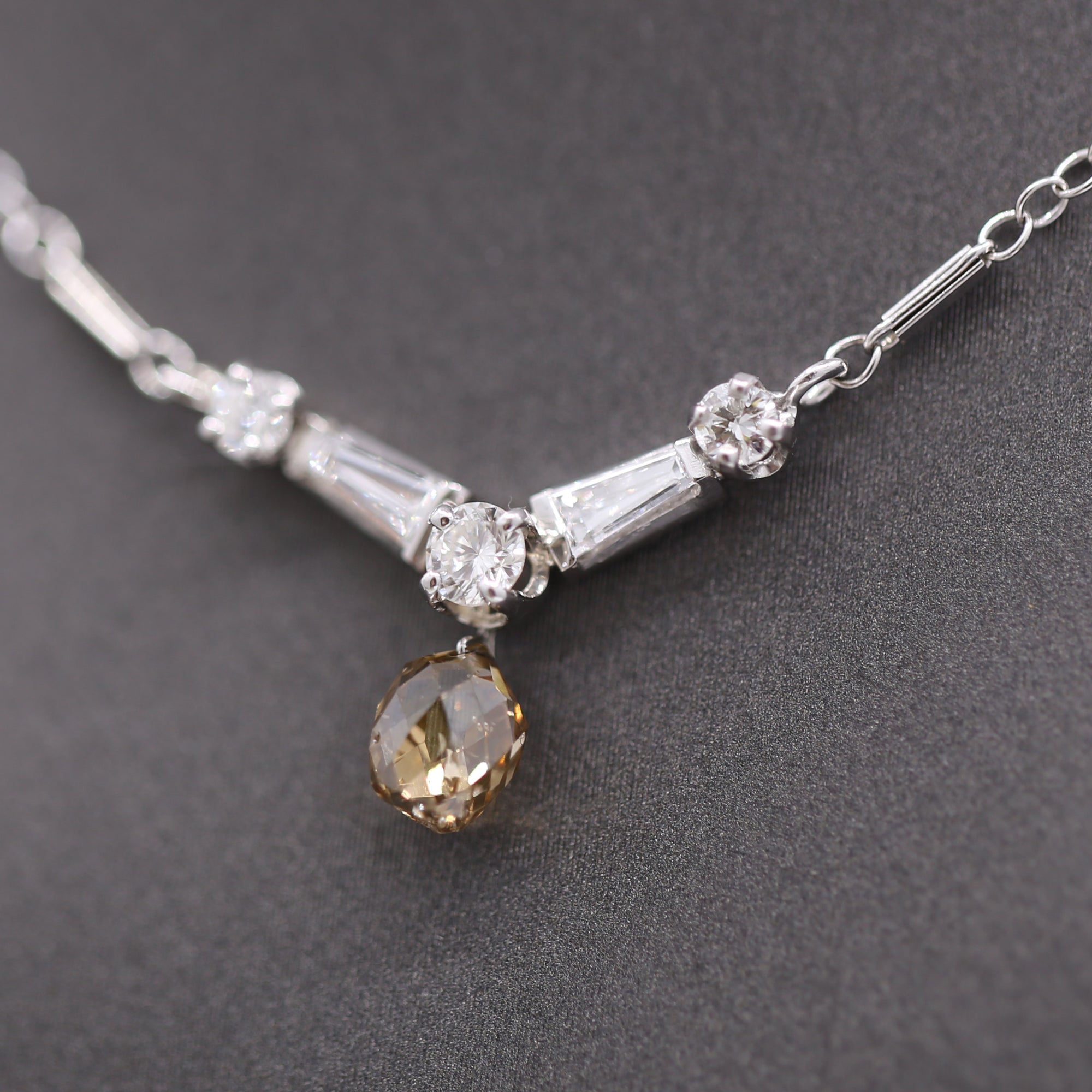 Vintage Champagne Diamond Briolette Drop Necklace in 14k White Gold 15"