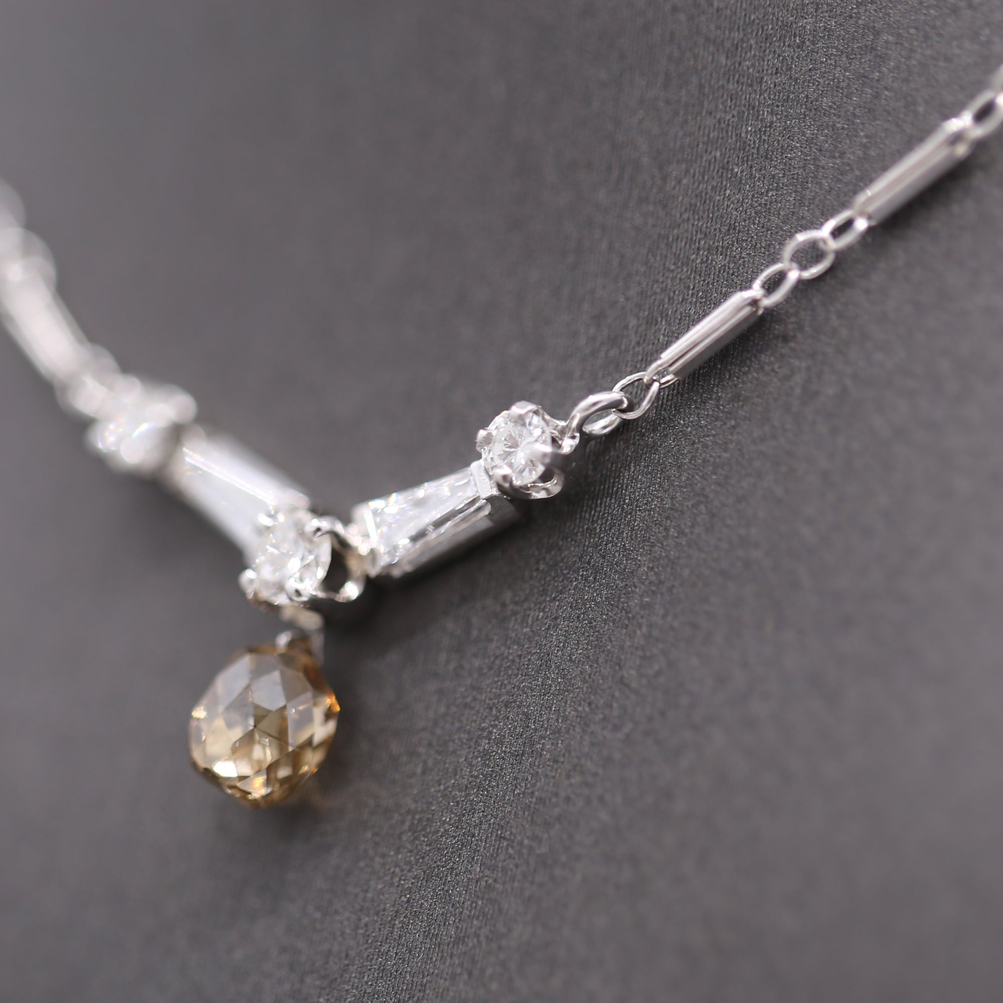 Vintage Champagne Diamond Briolette Drop Necklace in 14k White Gold 15"