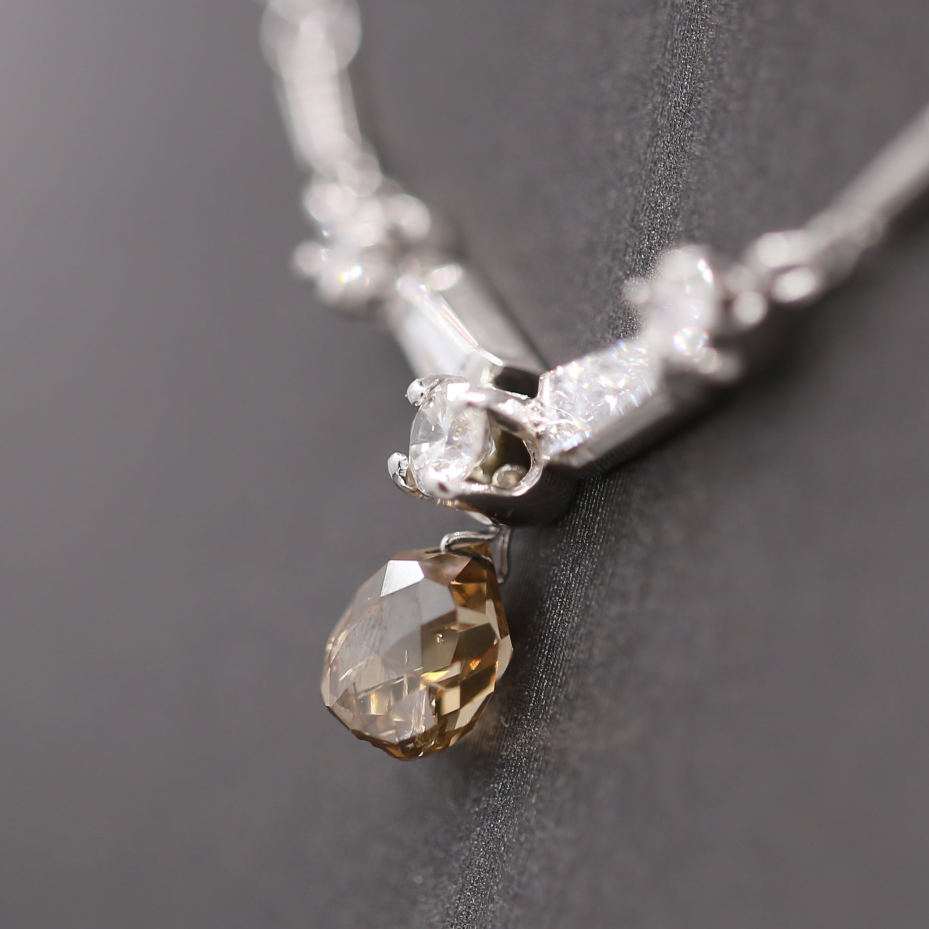 Vintage Champagne Diamond Briolette Drop Necklace in 14k White Gold 15"