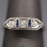 Art Deco Old European Cut Diamond and Sapphire Band Ring in Platinum
