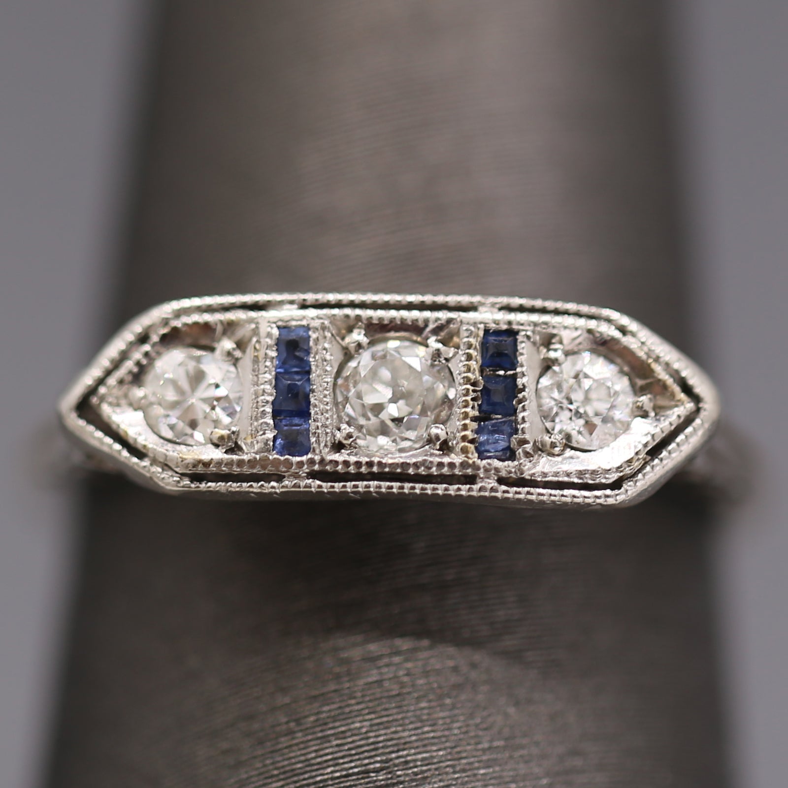 Art Deco Old European Cut Diamond and Sapphire Band Ring in Platinum