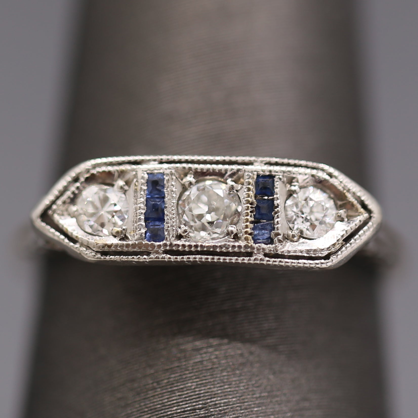Art Deco Old European Cut Diamond and Sapphire Band Ring in Platinum