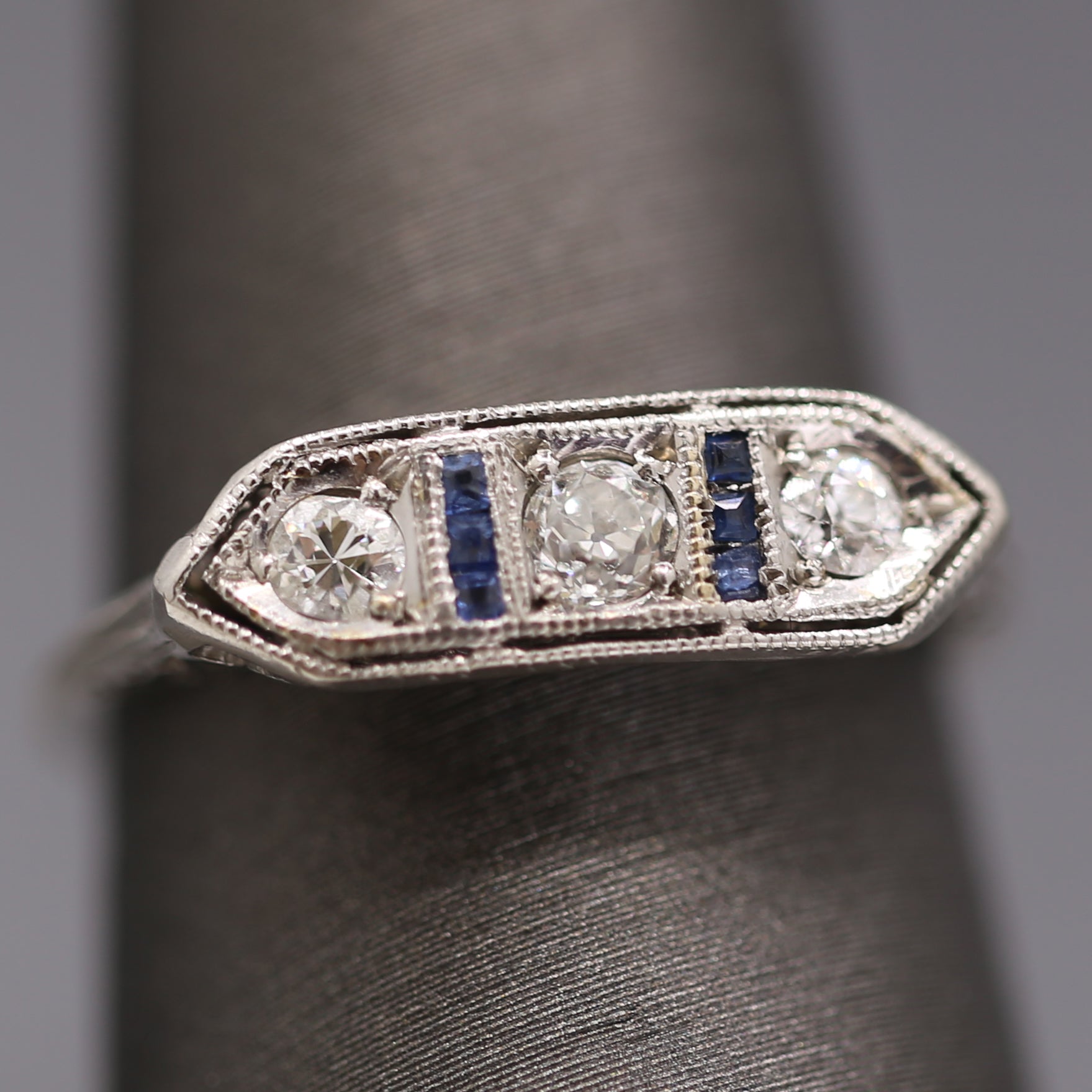 Art Deco Old European Cut Diamond and Sapphire Band Ring in Platinum