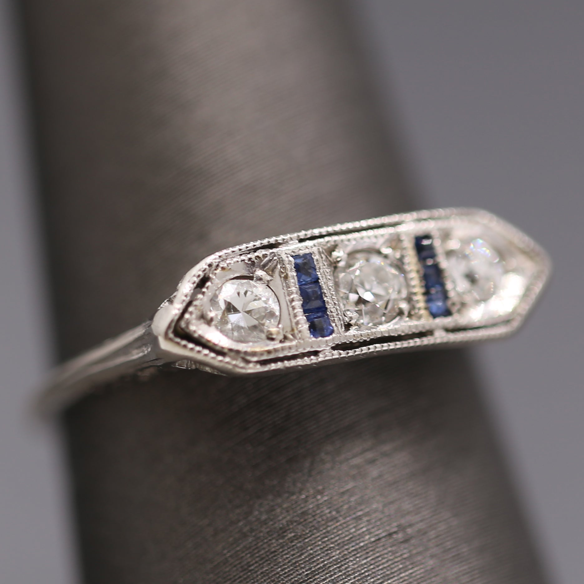 Art Deco Old European Cut Diamond and Sapphire Band Ring in Platinum