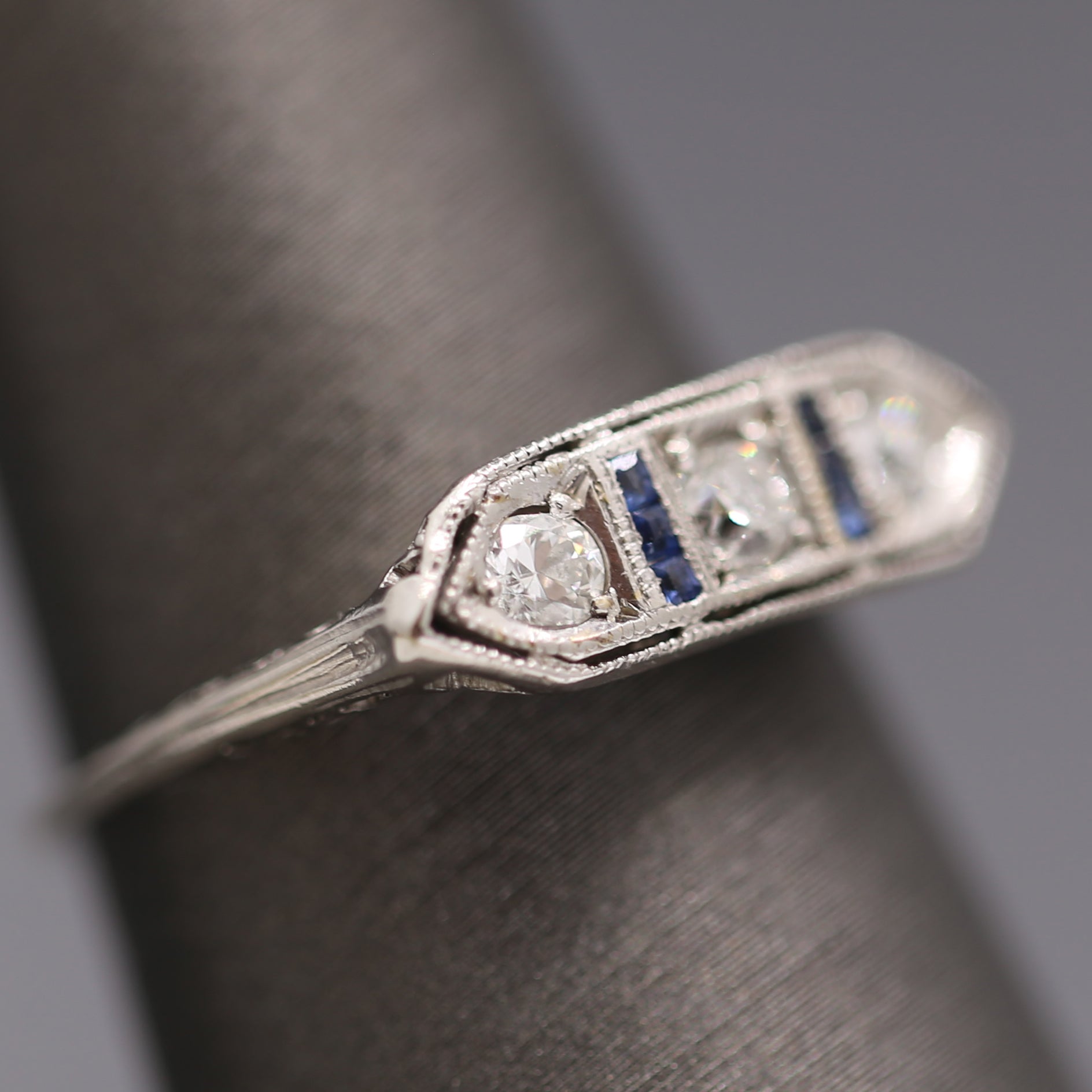 Art Deco Old European Cut Diamond and Sapphire Band Ring in Platinum