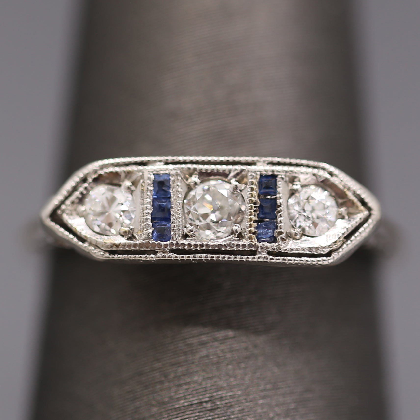 Art Deco Old European Cut Diamond and Sapphire Band Ring in Platinum