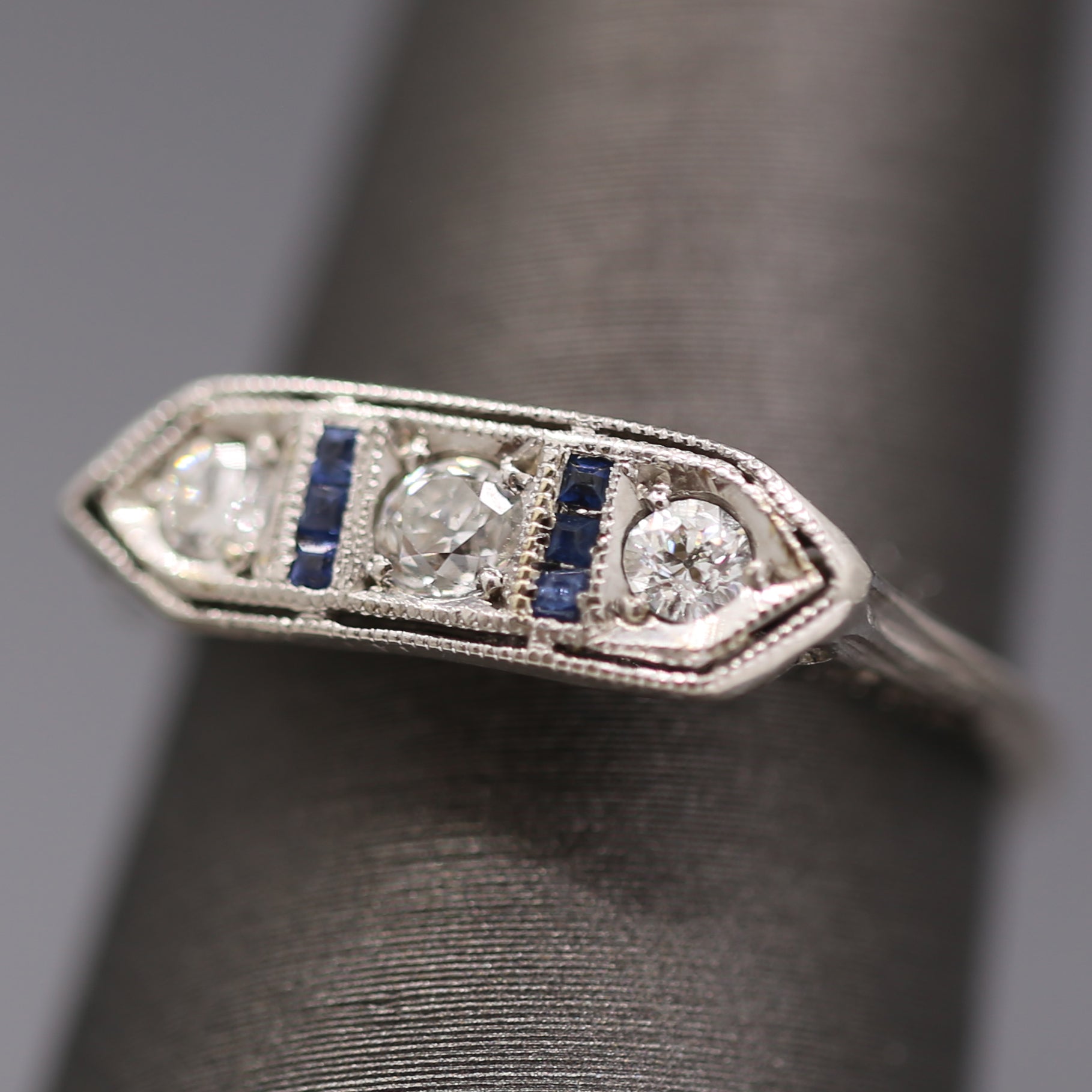 Art Deco Old European Cut Diamond and Sapphire Band Ring in Platinum