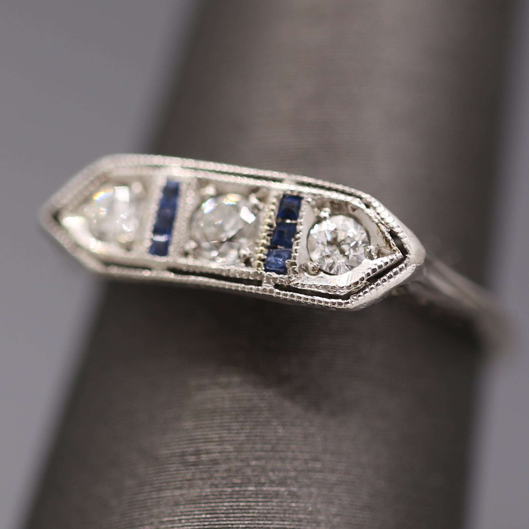 Art Deco Old European Cut Diamond and Sapphire Band Ring in Platinum