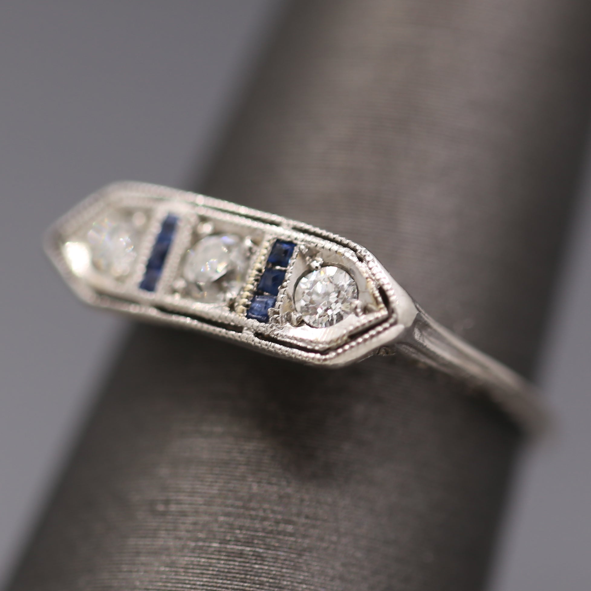 Art Deco Old European Cut Diamond and Sapphire Band Ring in Platinum