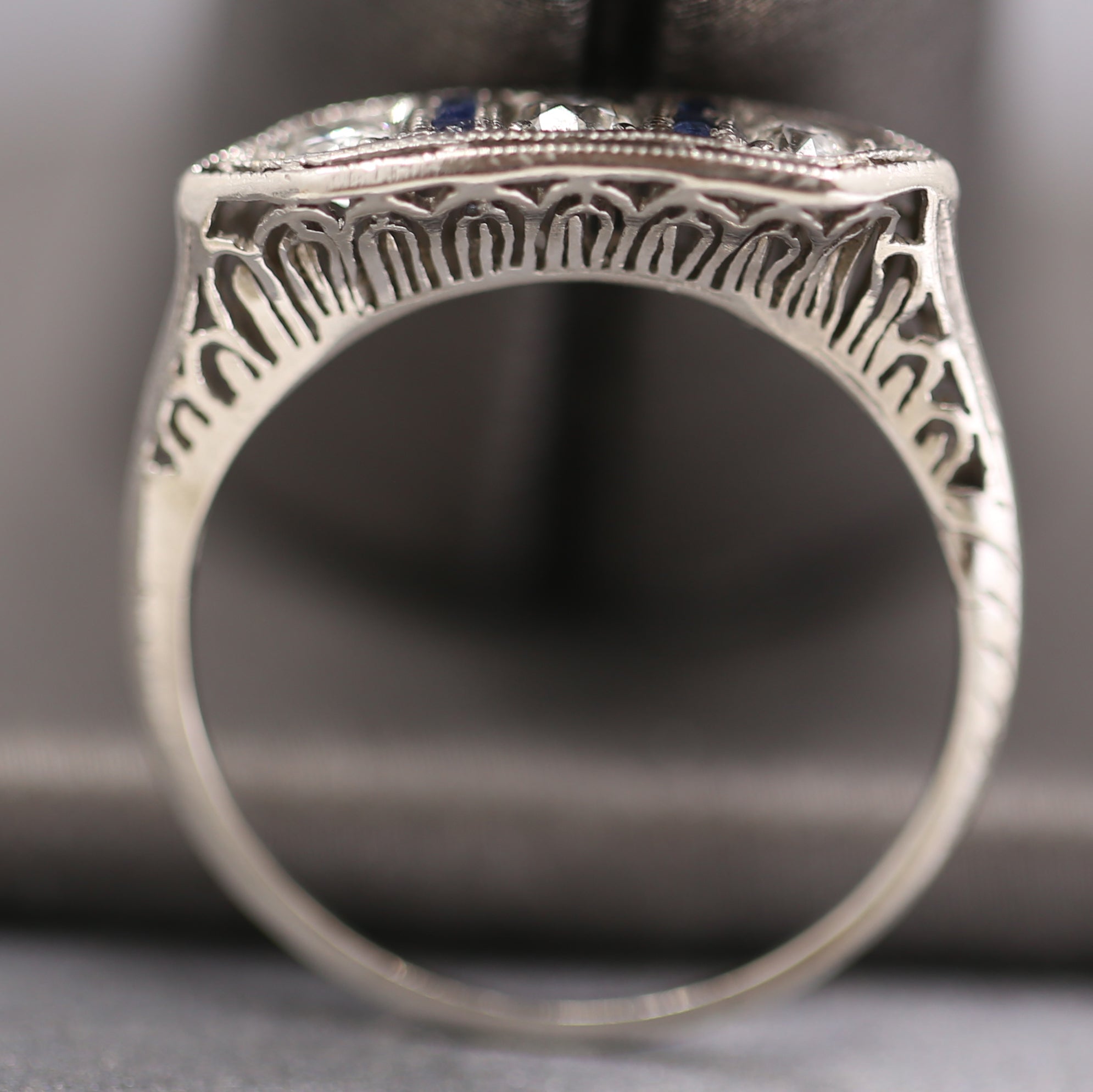 Art Deco Old European Cut Diamond and Sapphire Band Ring in Platinum