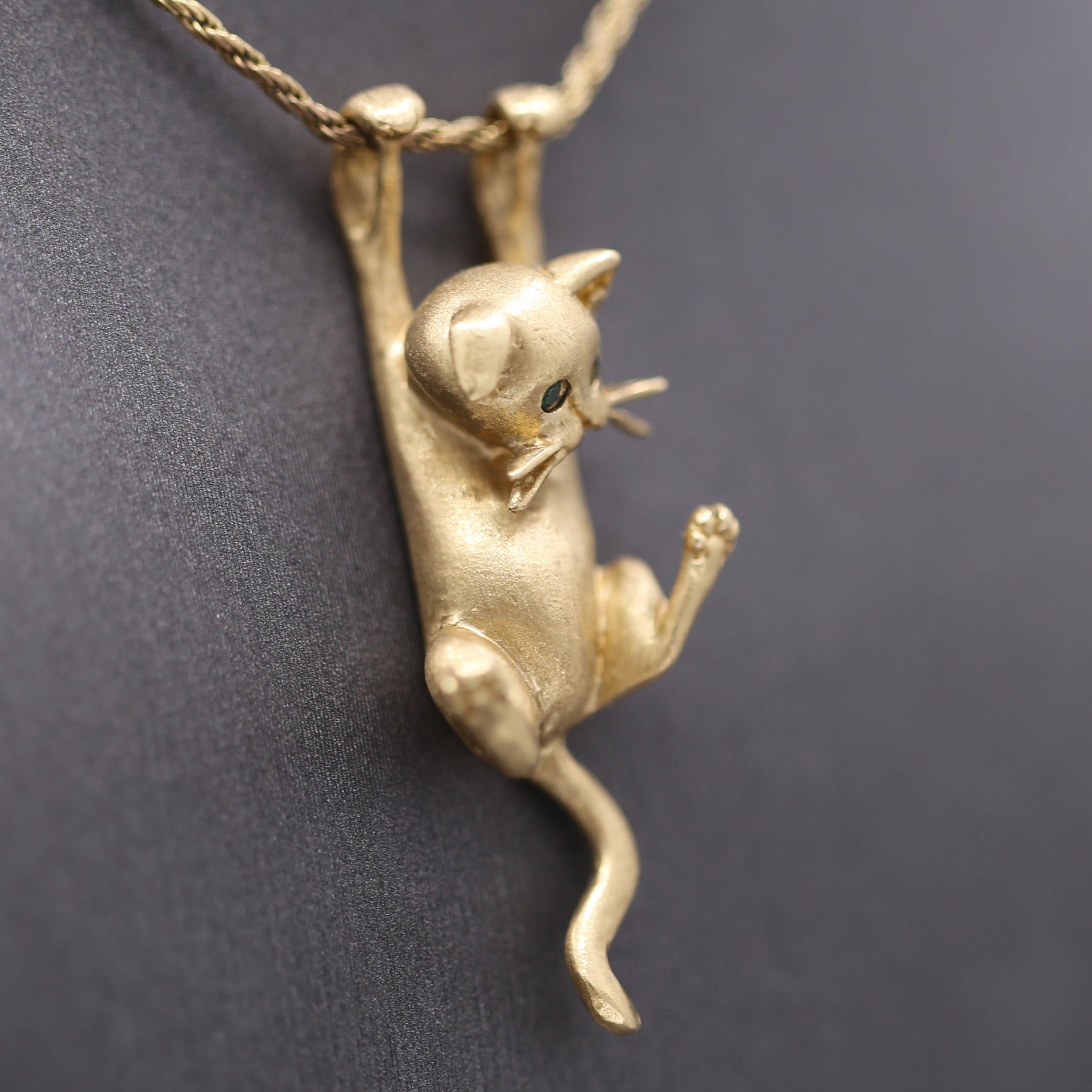Dangling Kitten Cat Necklace in 14k Yellow Gold by Jack Slack