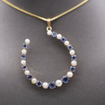 Victorian Yogo Montana Blue Sapphire and Pearl Horseshoe Good Luck Pendant in 14k