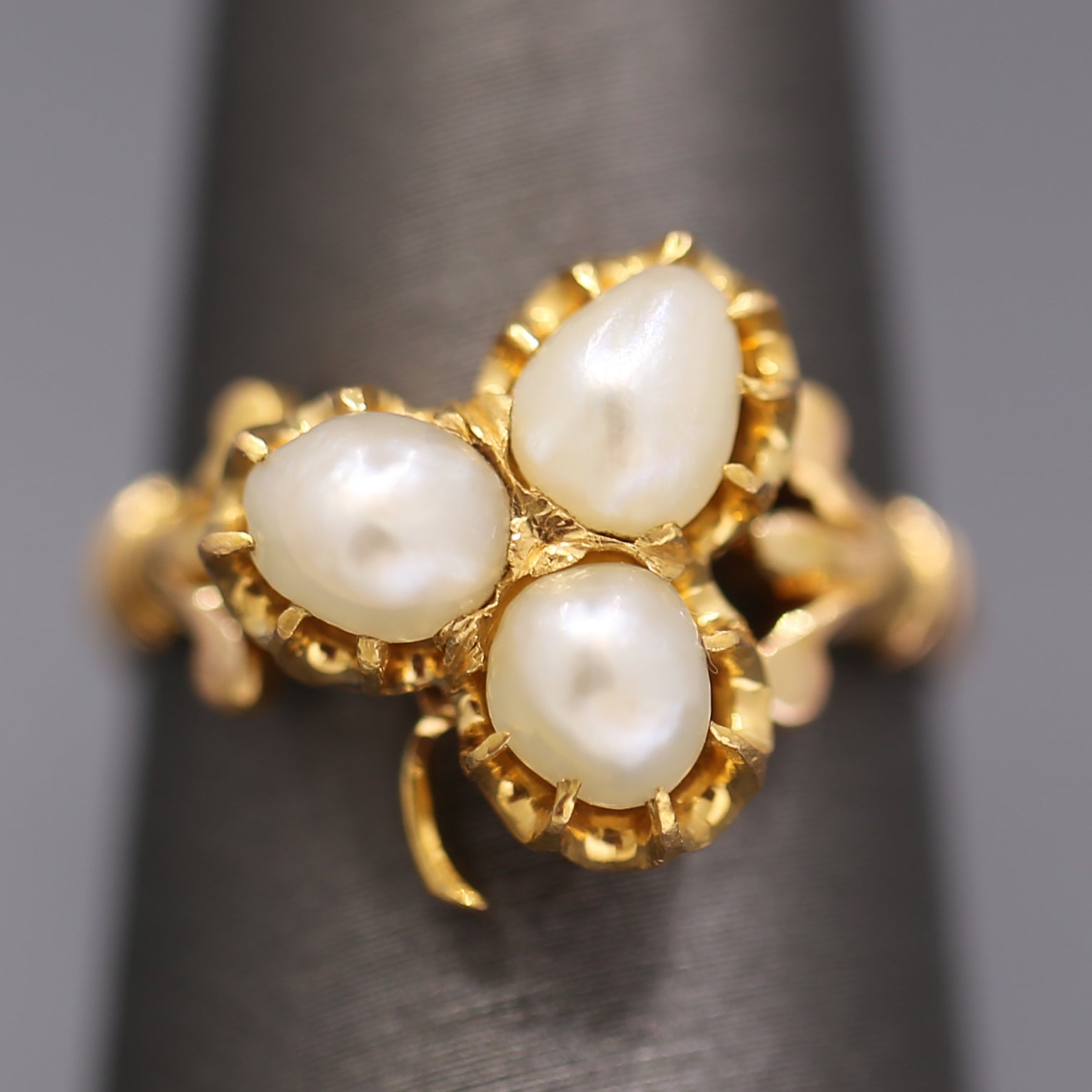 Antique Victorian Triple Pearl Clover Ring in 20k Yellow Gold