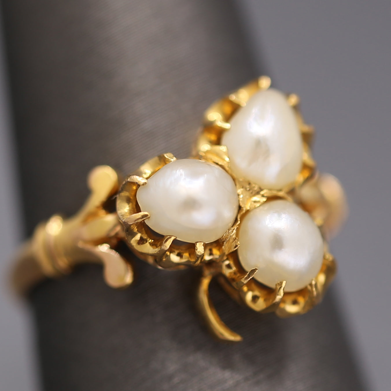 Antique Victorian Triple Pearl Clover Ring in 20k Yellow Gold