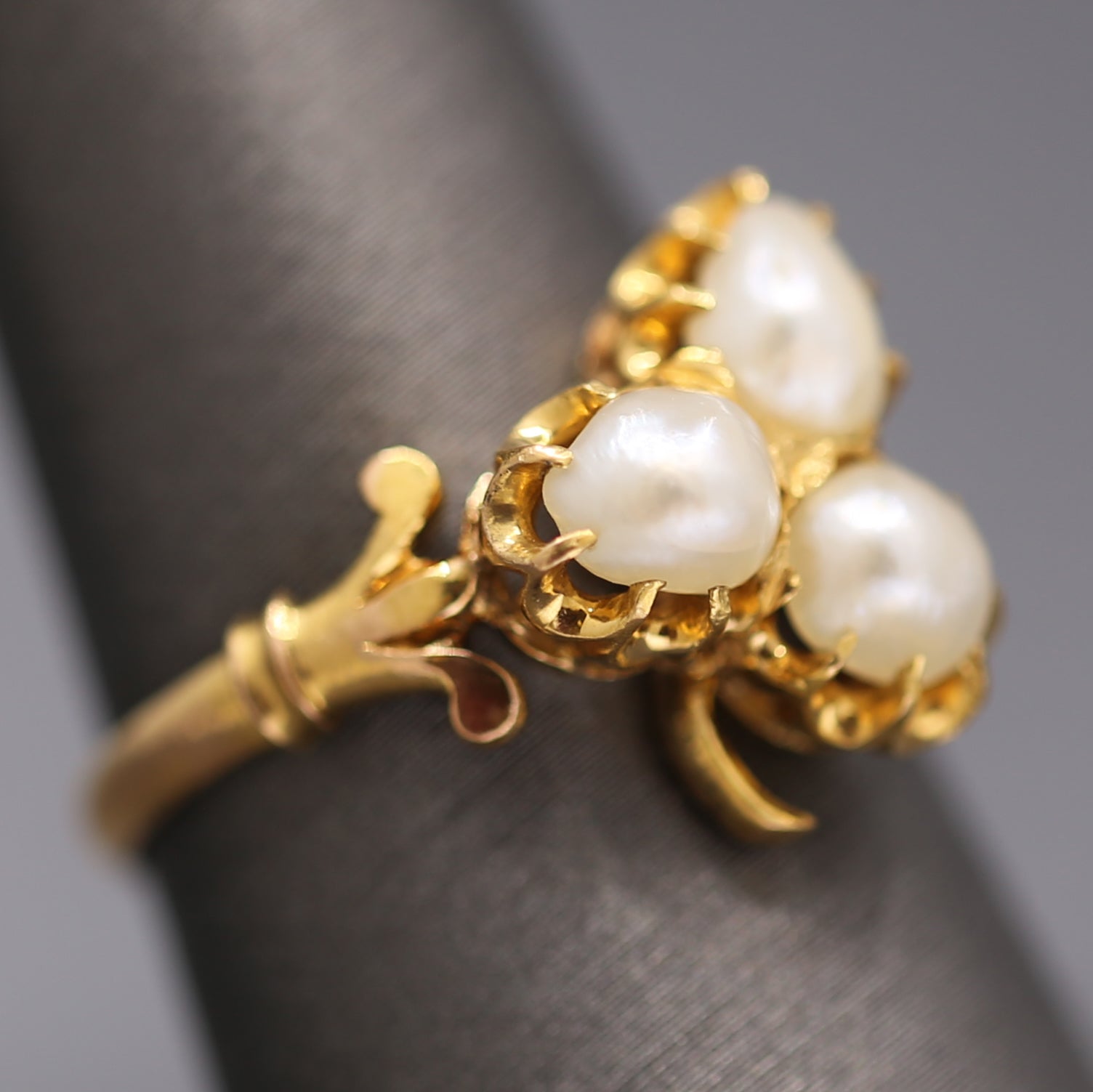Antique Victorian Triple Pearl Clover Ring in 20k Yellow Gold