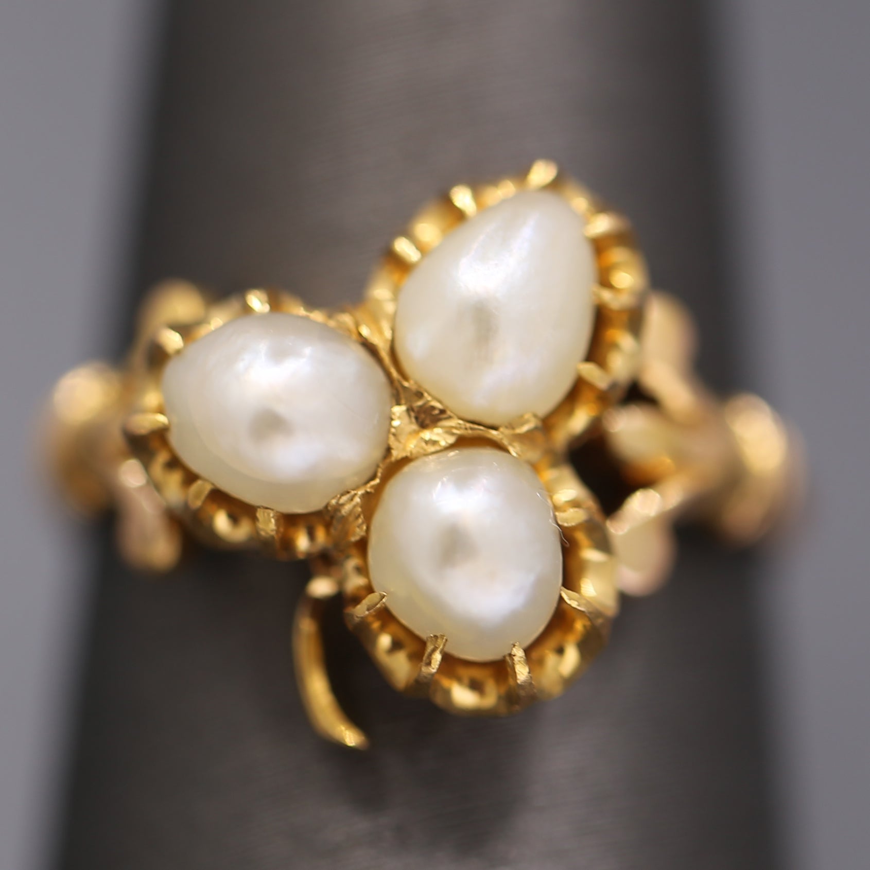 Antique Victorian Triple Pearl Clover Ring in 20k Yellow Gold