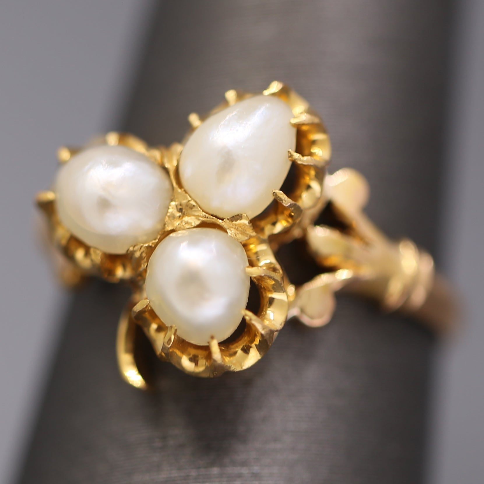Antique Victorian Triple Pearl Clover Ring in 20k Yellow Gold