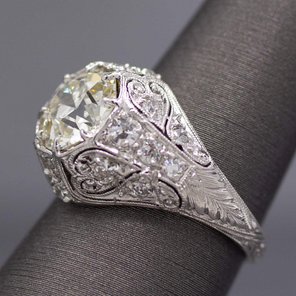 Art Deco GIA Certified 2.09ct Old European Cut Diamond Domed Engagement Ring in Platinum